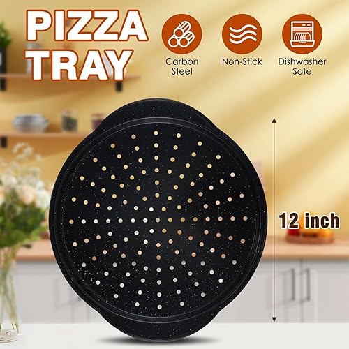 Miniatura 2 de 2P sartenes para pizza antiadherentes - Bandeja redonda de pizza de 12" con agujeros y asa, sartén de pizza de acero al carbono para horno, apto