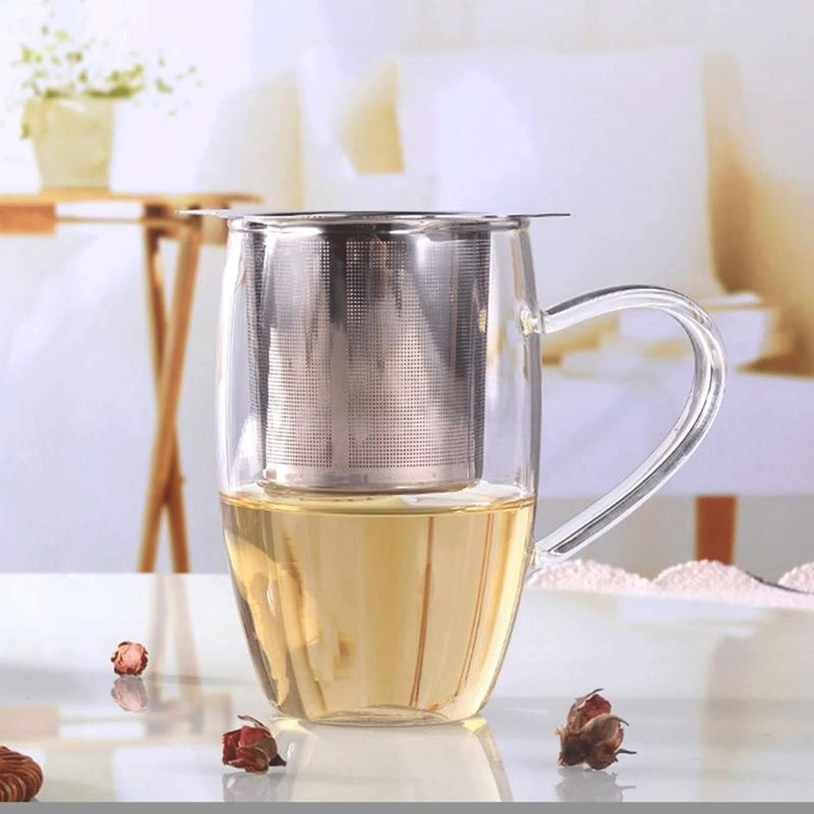 Colador de té de acero inoxidable con caover reutilizable, filtro de té de especias de hoja de té, filtro de té de malla fina, infusor de té con asa