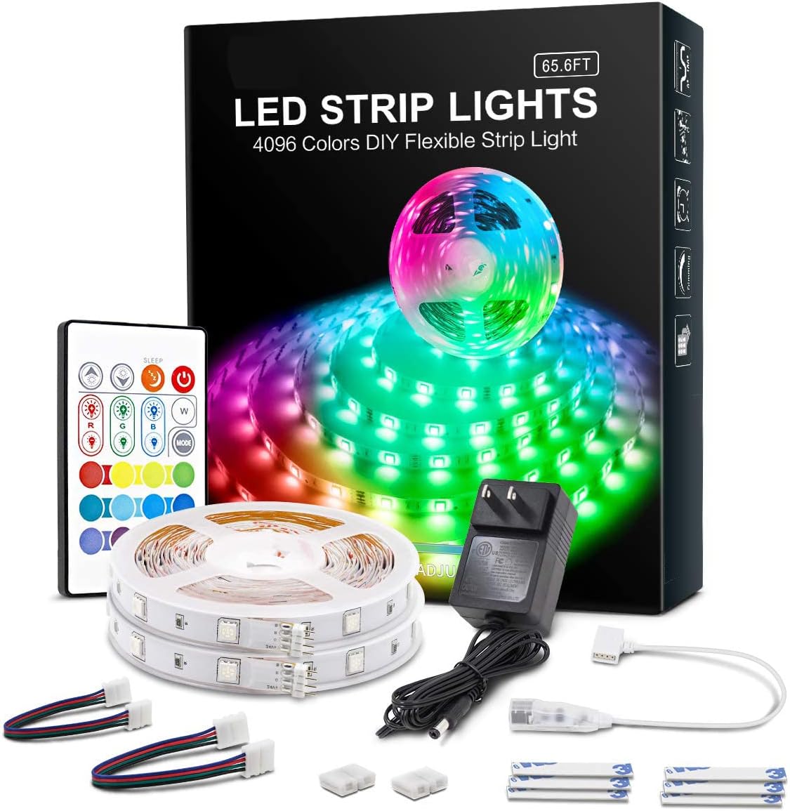 RGB LED Strip Lights 65.6ft,4096 DIY Colors Rope Lights with Memory Function,Self-Adhesive Color Changing LED Light Strip with Remote,30mins Timing Off LED Tape Light Kits for Bedroom Kitchen Cabinet