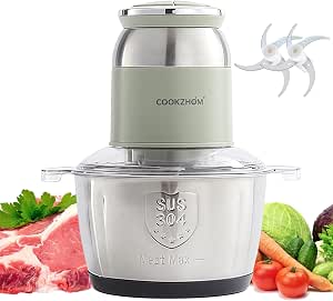 Green Food Processor, 500W Electric Meat Grinder with 8-Cup Stainless Steel Bowl and 4 Blades