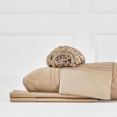 Miniatura 6 de JELLYMONI Juego de sábanas de satén de 400 hilos, 100% algodón, 3 piezas, sábanas refrescantes extra suaves, con bolsillos profundos de 16 pulgadas