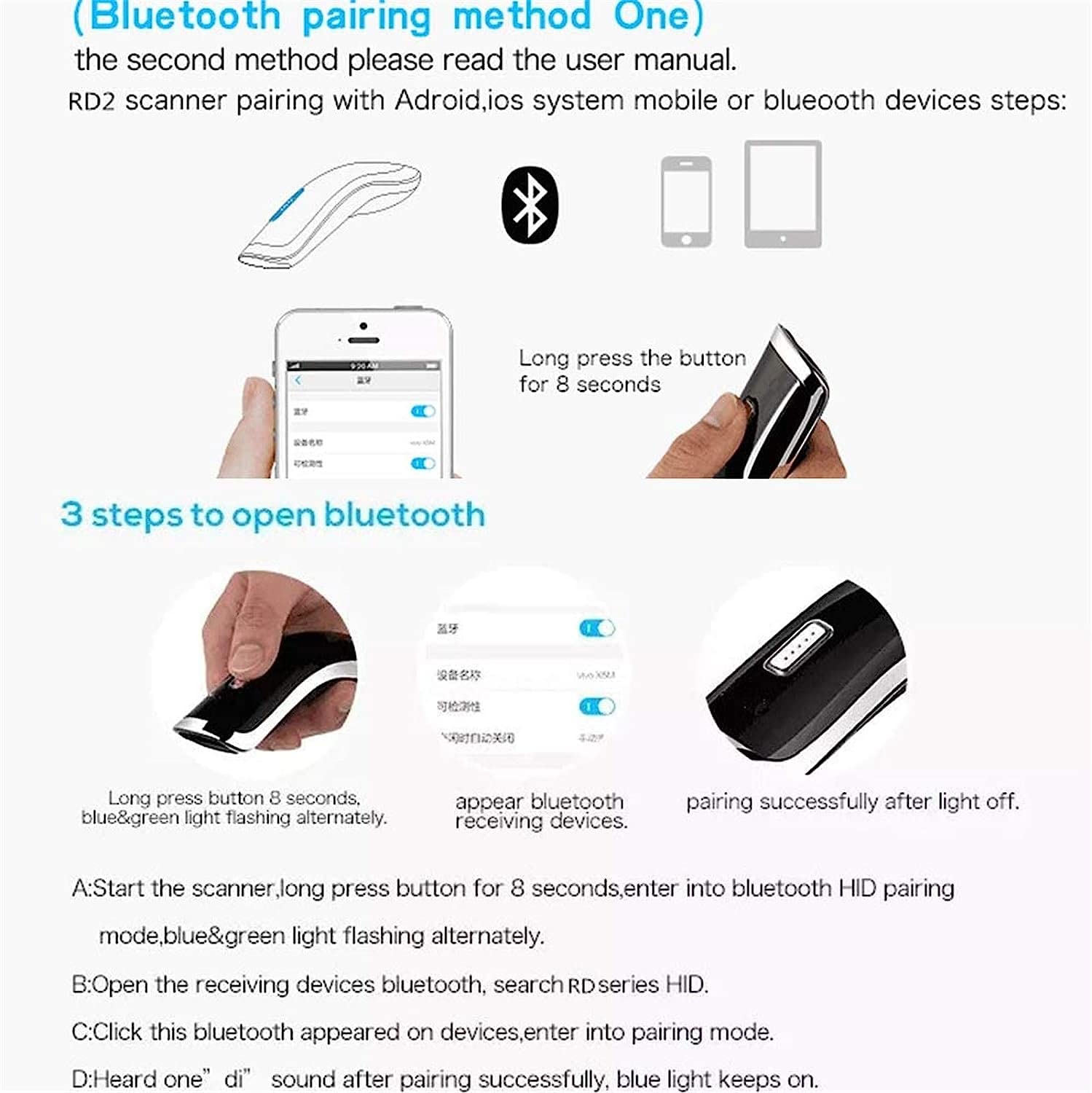 Ręczny skaner kodów kreskowych Mysz Bluetooth Skaner kodów kreskowych Bezprzewodowy ręczny przenośny skaner kodów kreskowych 1D 2D Dostępny w 2 sztukach