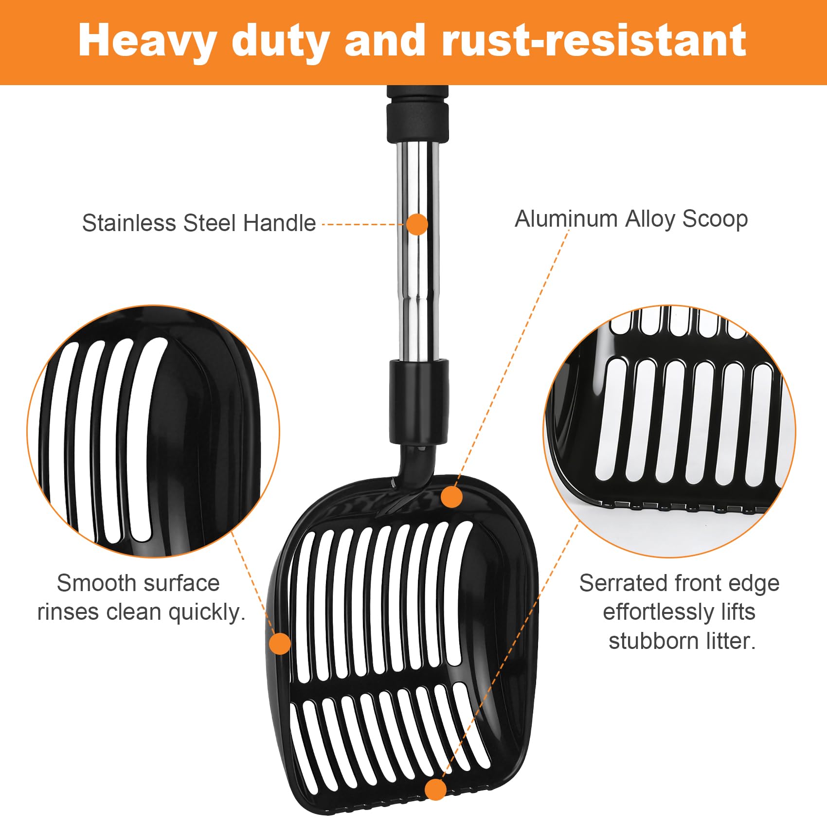 Jiimee Cat Litter Scoop, Metal Litter Scooper with Detachable Long Handle, Cat Litter Sifter with Deep Shovel, Wide Slits for Easy Cleaning, Large Cat Poop Scooper Includes Hook - image 5