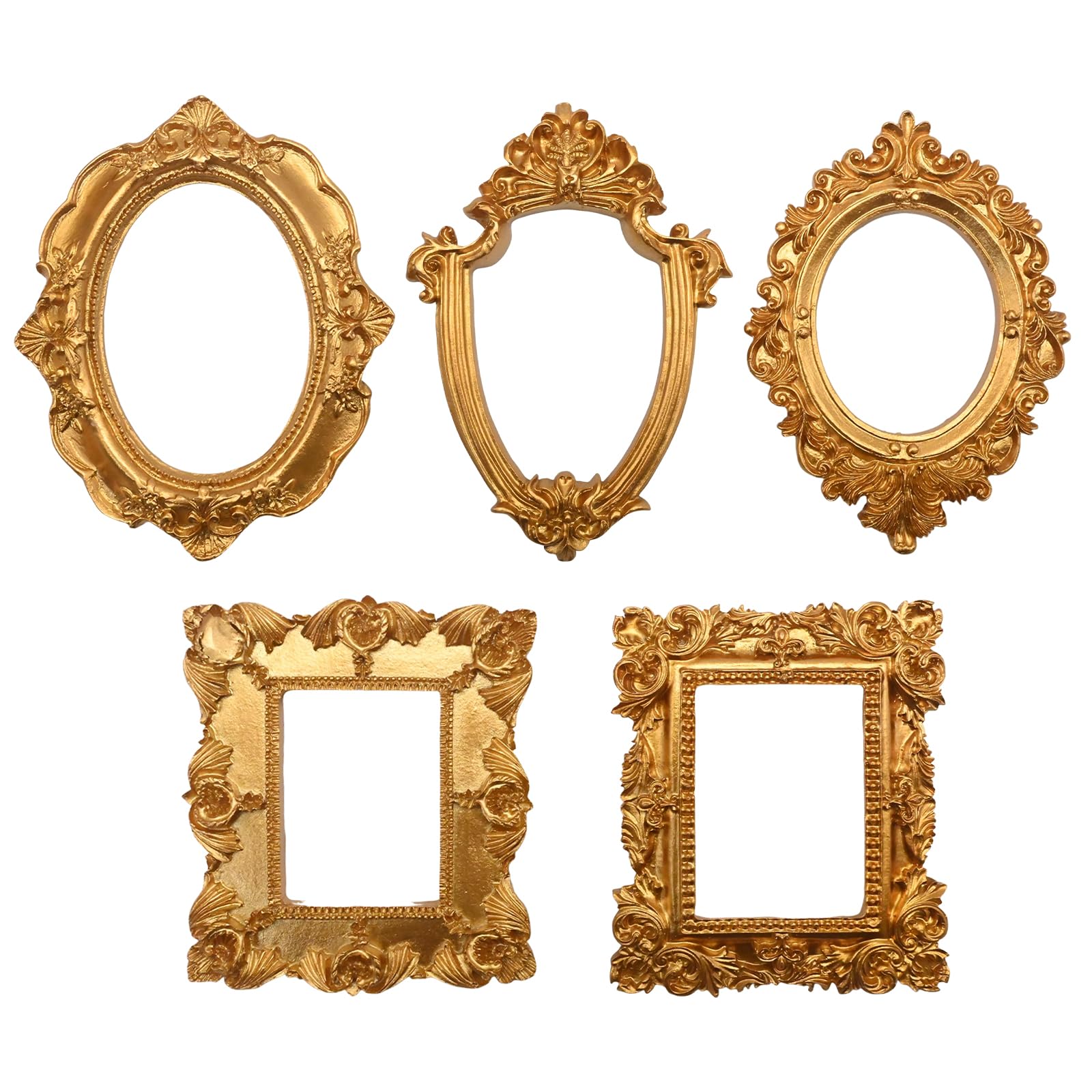5 Pcs Mini Vintage Picture Frames, Antique Gold Baroque Oval and Rectangle Design, Small Resin Frames Ideal for Wall Decor and DIY Crafts