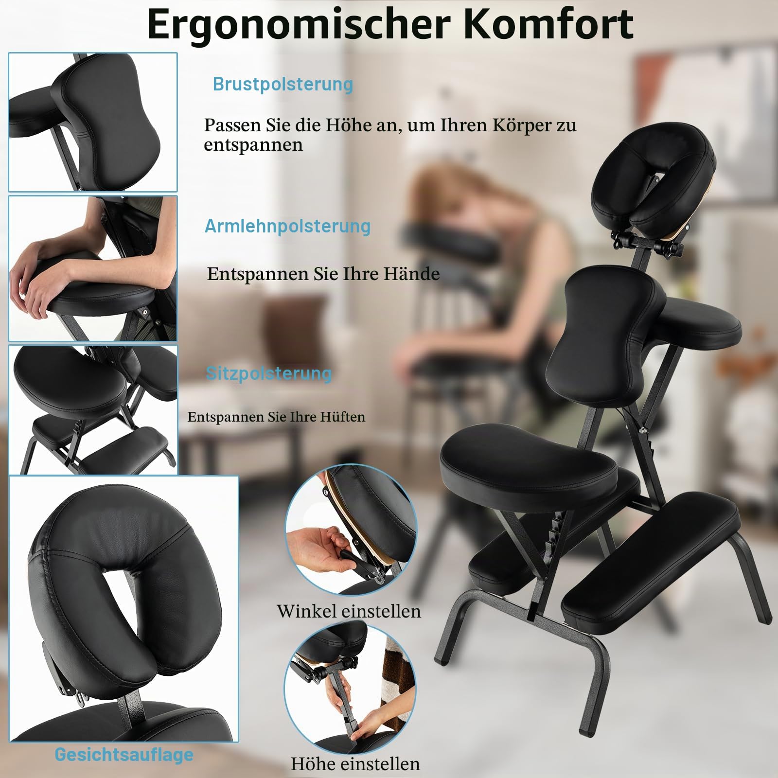 HOMASIS Faltbarer Massagesessel, Massagestuhl 110-120 cm höhenverstellbar, Oxford-Stoff, 55 x 48 x 120 cm Schwarz