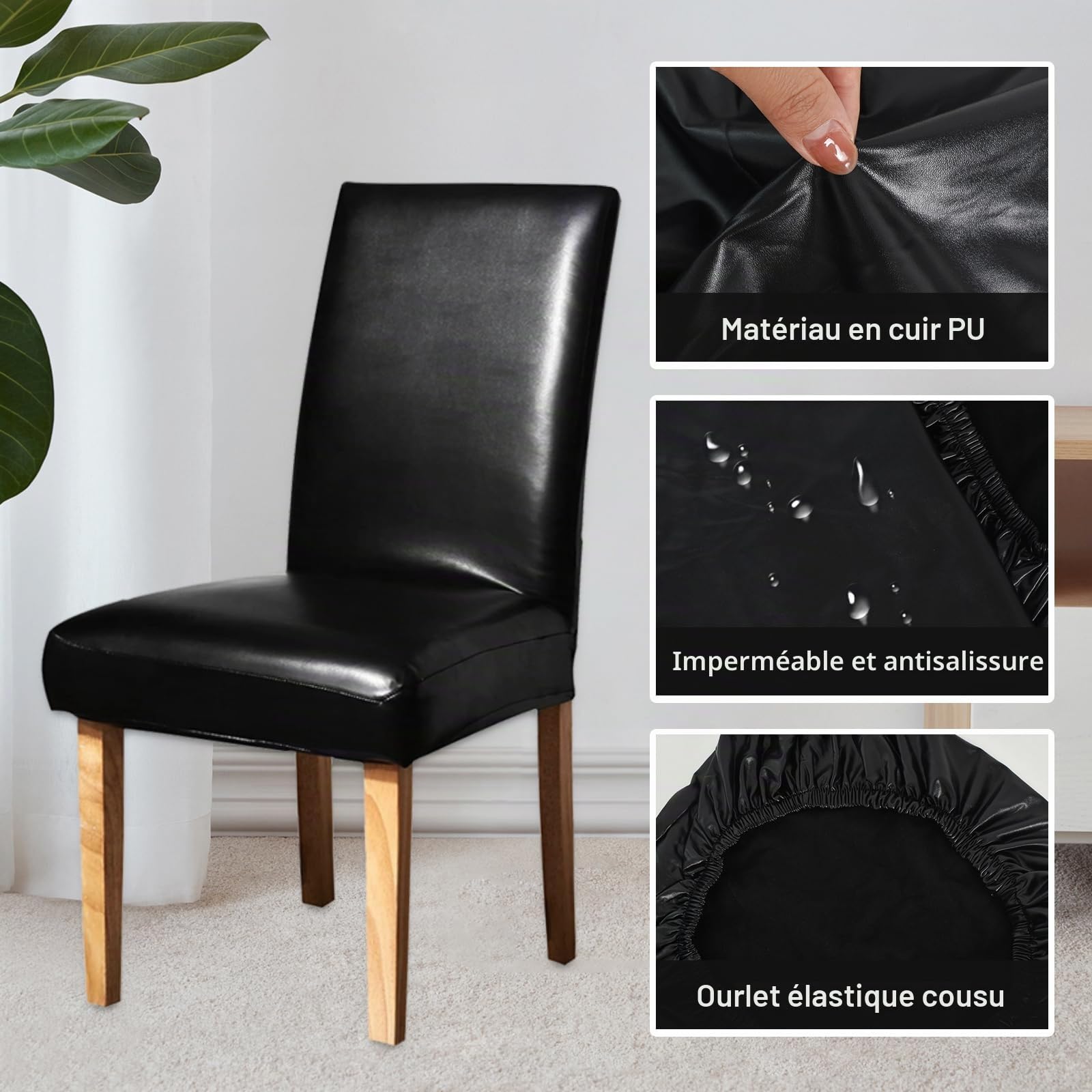 Lot de 4 Housse de Chaise Extensible, Simili Cuir Couverture Protecteur de Chaise Salle a Manger Amovible pour Hôtel Salle à Manger Cérémonie Banquet Fête de Mariage Décor (Noir)