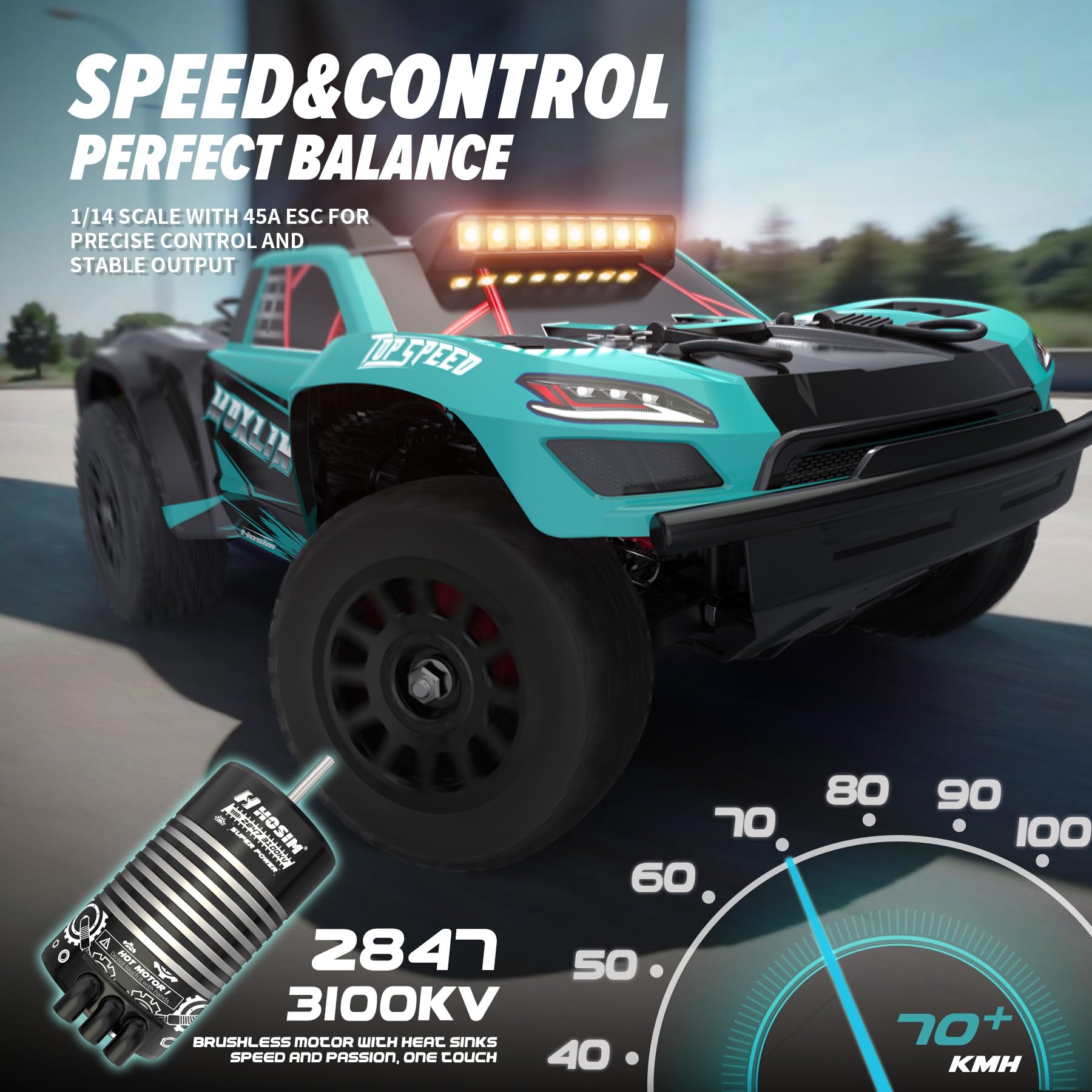 Hosim Voiture télécommandée sans balais 1:14, 3S Lipo 50 mph, voiture RC rapide étanche, tout-terrain RC 4 x 4, camion monsterTruck RC adulte