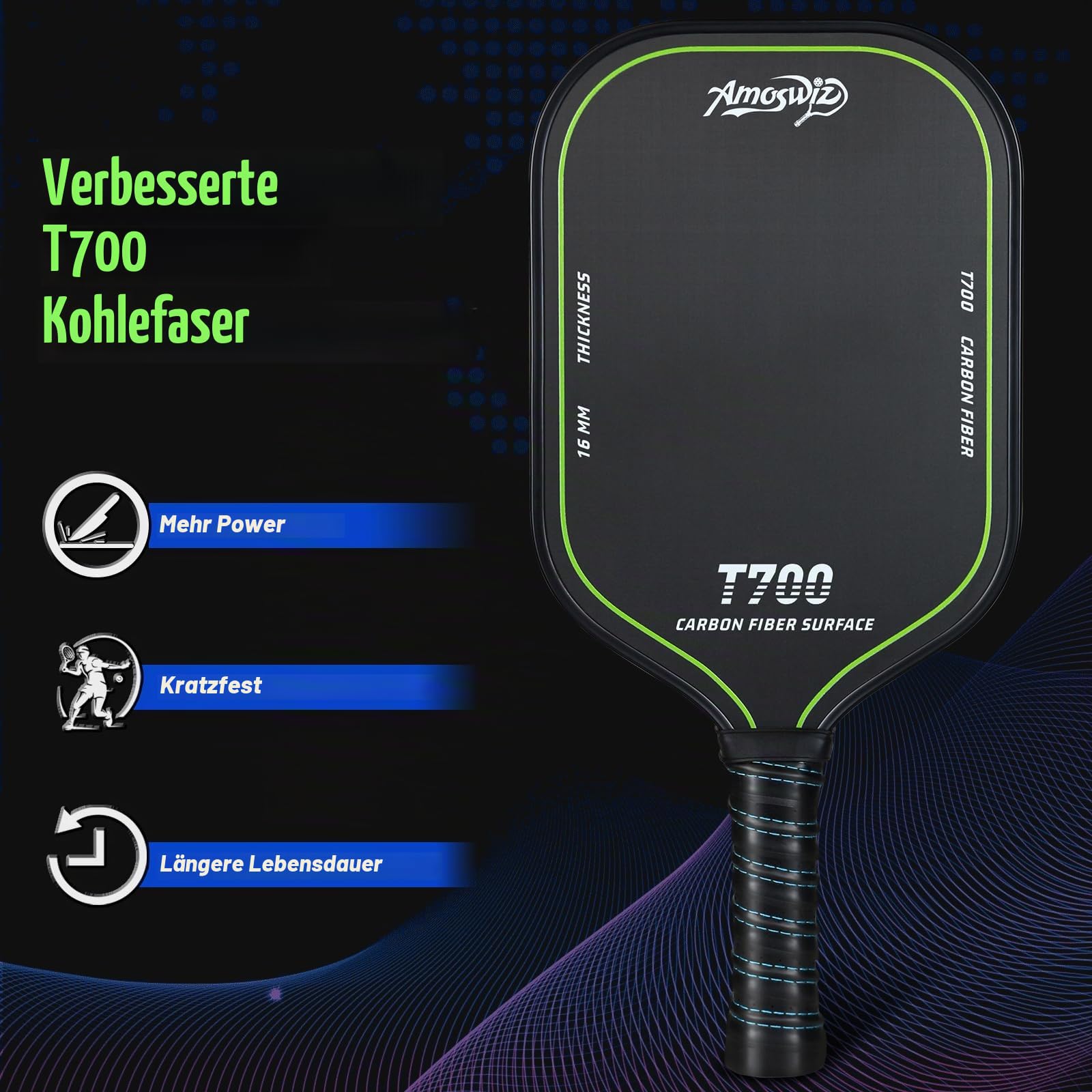 Pickleball-Paddel aus Kohlefaser, T700 Carbon-Pickleball-Paddel, 16 mm, strukturierte Oberfläche für Porfessions- und Fortgeschrittene Spieler