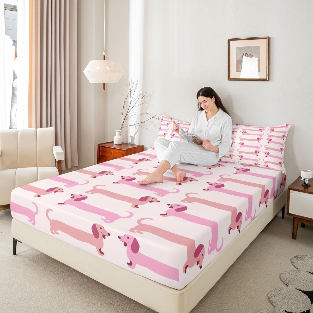 Cute Dachshund Dog Fitted Sheets Full Size (No Flat),Cartoon Pet Animals Bedding Set 3Pcs,Kids Teens Woman Room Decor,Pink Doggy Bed Sheet Funny Dachshund Deep Pocket Sheet,2 Pillowcases