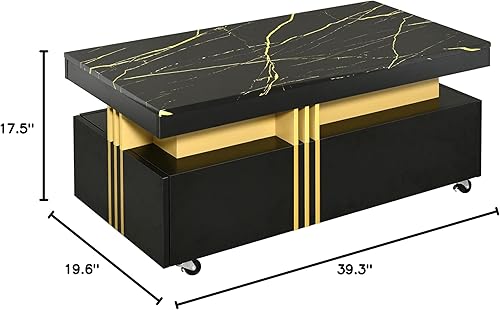 Miniatura 2 de Merax Mesa de centro con parte superior de mármol sintético, mesa central moderna con 2 cajones y ruedas giratorias, mesa de cóctel de lujo