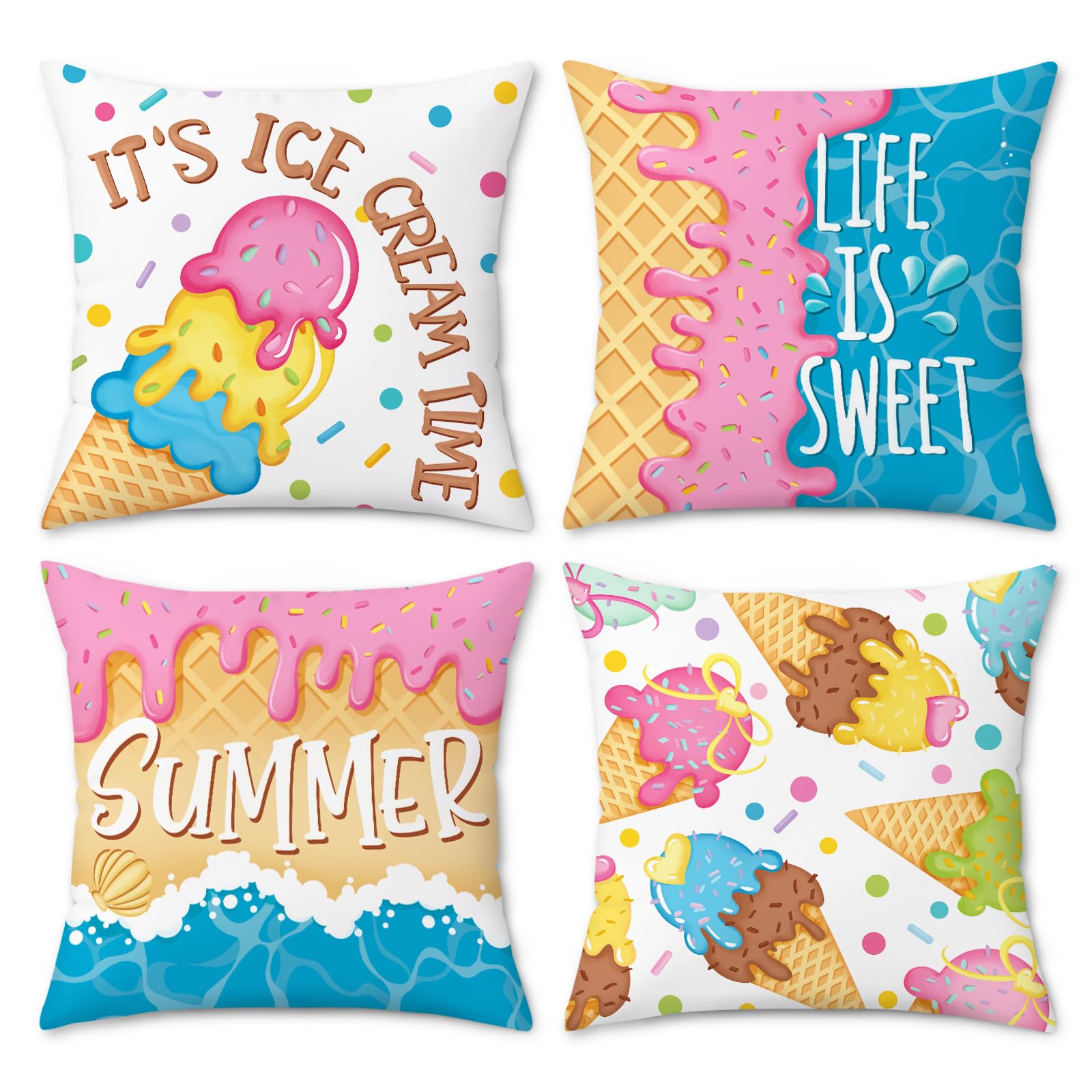 COZZSNUGE Summer Cushion Covers Sweet Ice Cream Popsicles Colorful Farmhouse Velvet Decorative Pillowcases for Garden Sofa Bed Home Patio 45 x 45 cm Set of 4