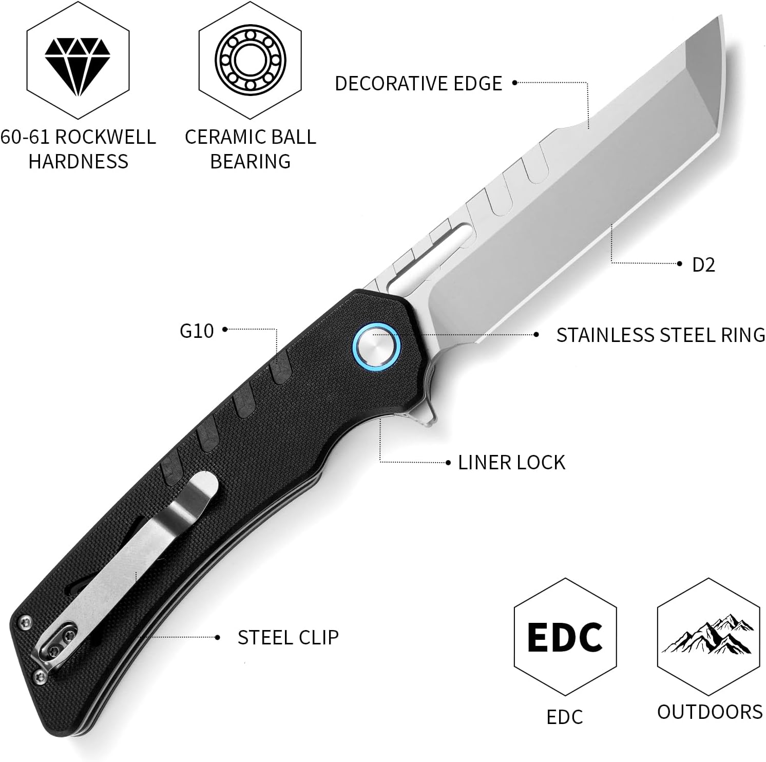 BTFLY G10 Handle Tactical Folding Knife, D2 Steel Tanto Blade 3.7in, EDC Pocket Knife with Liner Lock & Stainless Steel Clip, Lightweight Bushcraft Camping Survival Knife for Men Adult