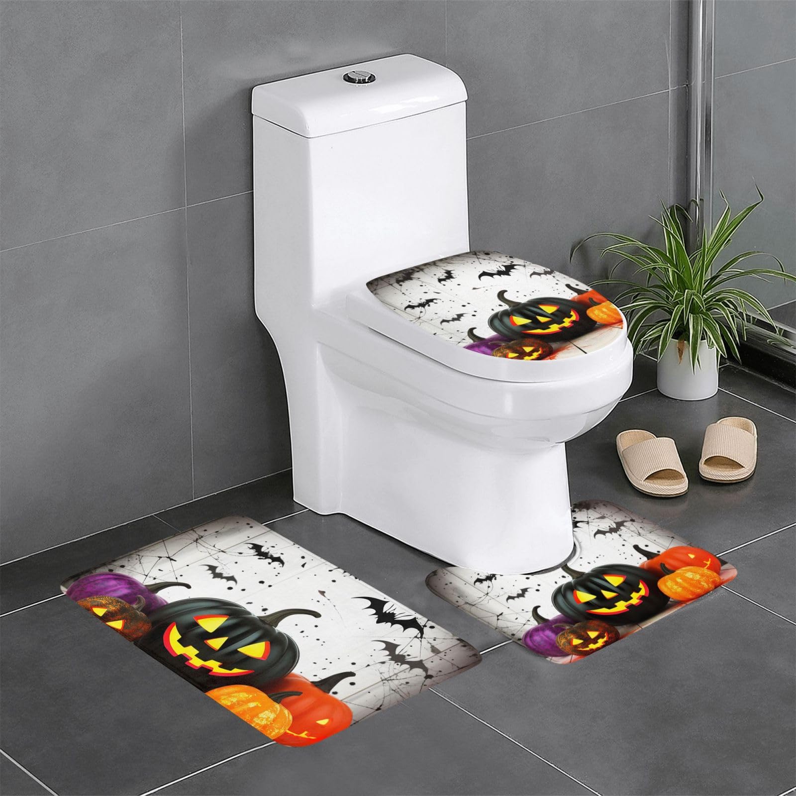 Tapis de bain Halloween lumineux ensemble 3 pièces housse abattant douche