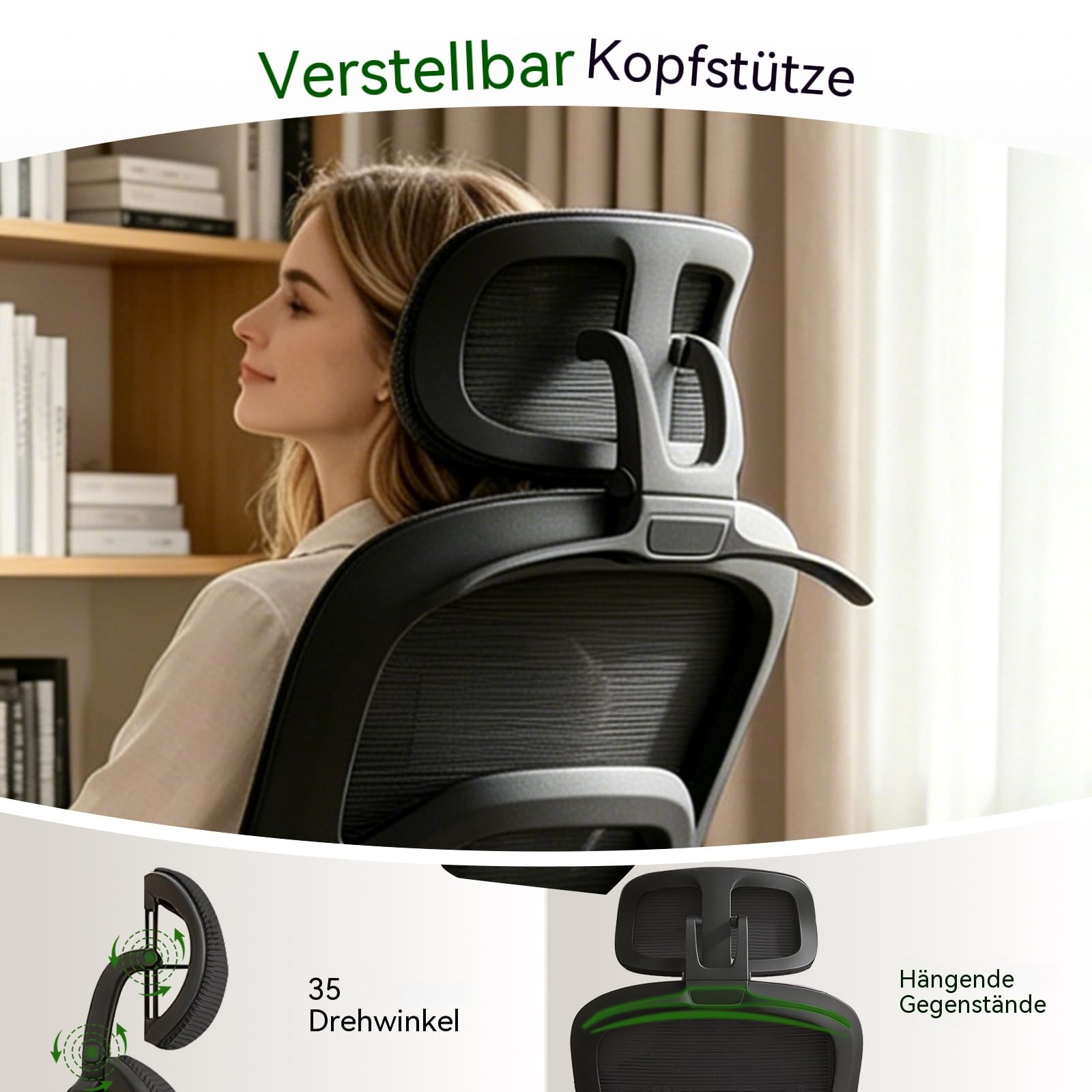 Ergonomischer Bürostuhl, Höhenverstellbarer Schreibtischstuhl – Drehstuhl mit Klappbaren Armlehnen, Atmungsaktivem Mesh, Verstellbarer Kopfstütze und Lendenwirbelstütze – für das Homeoffice, Schwarz