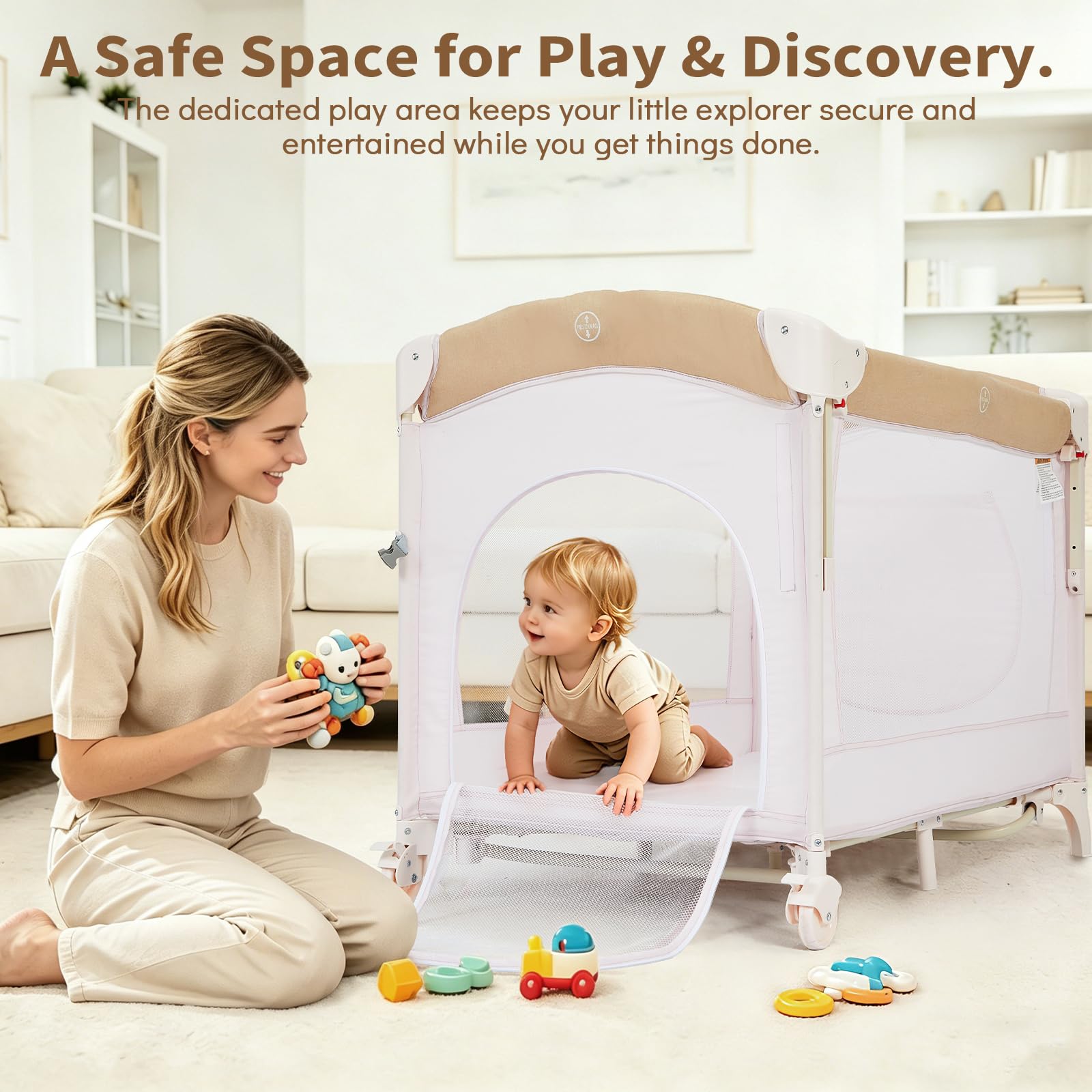 5-in-1 Baby Beistellbett Mit Rollen Klappbar – Vielseitiges Babycenter Als Reisebett, Laufstall, Wickeltisch & Wiege – Inklusive Matratze, Tragetasche, Musikspiel Und Mobile – Bis 15 kg – Rosa
