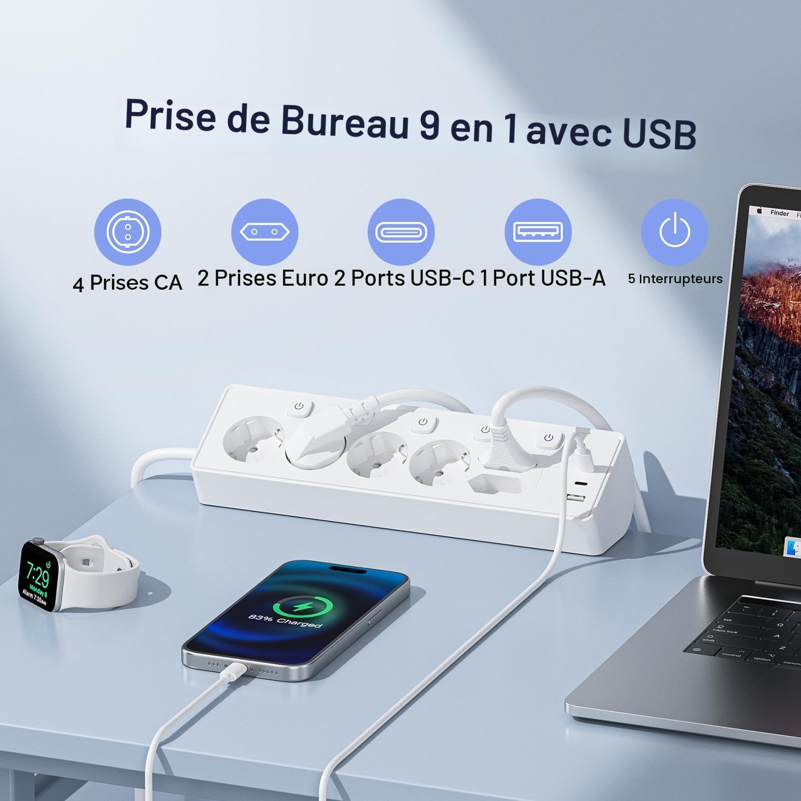 Kemelo Multiprise avec Interrupteur Individuel, 9 en 1 multiprise Plate avec 4 Sortie AC, 2 EU Ports, 3 USB Ports, pour Le Bureau, Salon, Chambre à Coucher, Cuisine, Rallonge Electrique 3M,Blanc