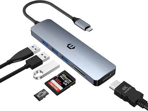 USB C Hub, High-Performance 6 in 1 USB C to USB Adapter with 4K HDMI, 3 USB 3.0 Ports, and SD/TF Card Slot, Compatible with New MacBook Pro/Mac Air and More USB-C Devices