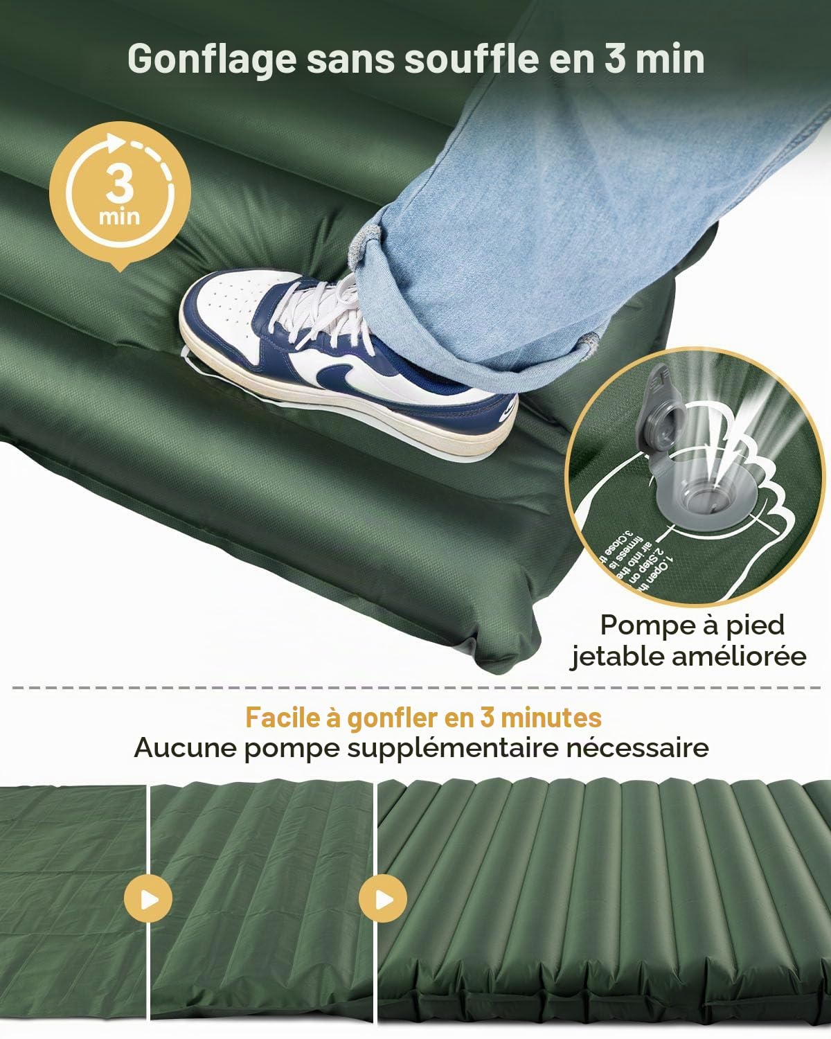 HIKENTURE Matelas de camping pour 2 personnes, 10 cm, double matelas isolant gonflable avec coussin, tapis de couchage de camping autogonflant 140 cm avec pompe à pied, pour camping, extérieur,