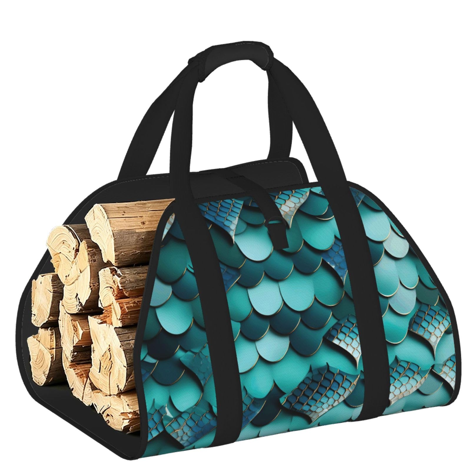 Ayyqwe Black Mermaid Fish Scale Print Print Firewood Bag Wood Waterproof Versatile Camping Picnic Storage Daily Home