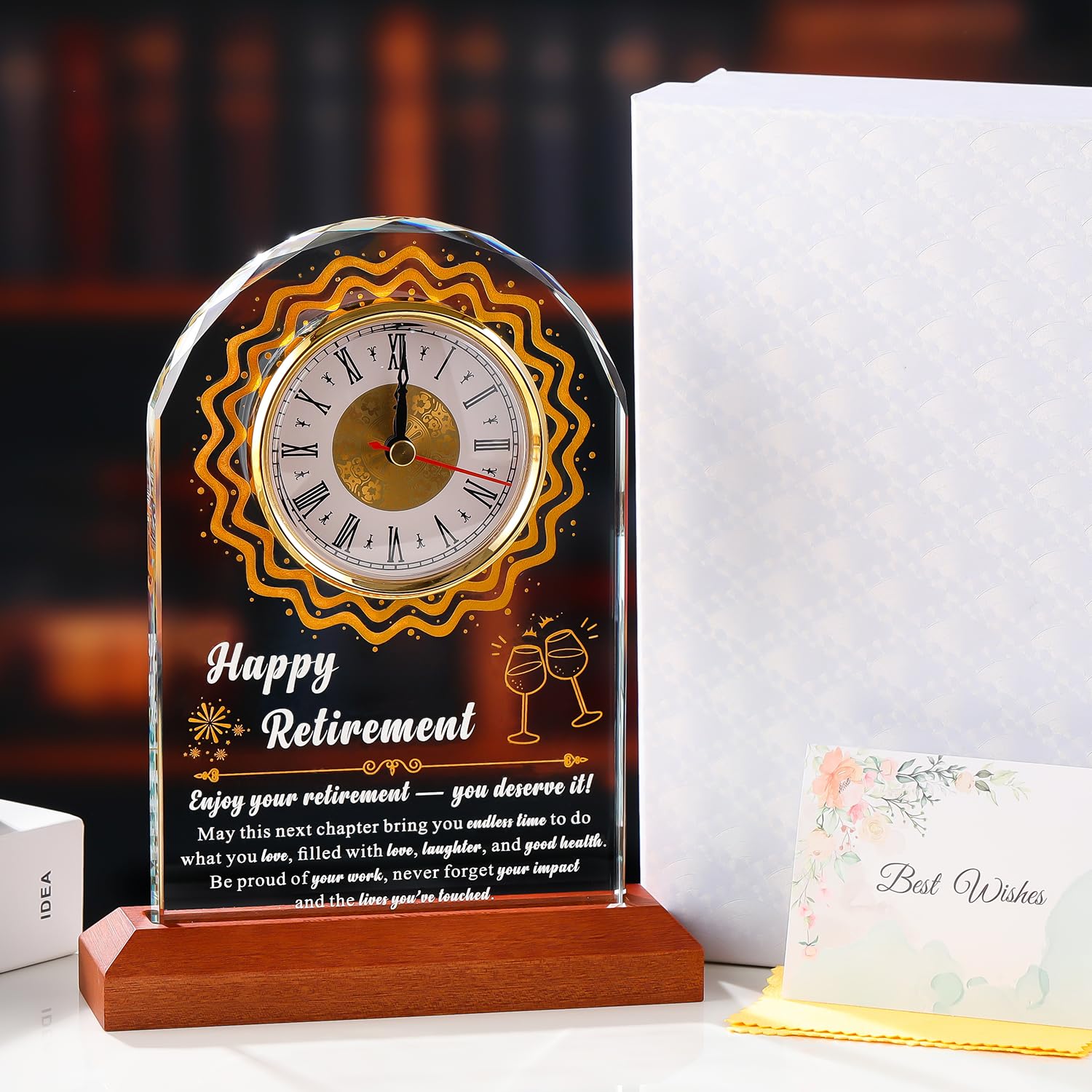 K9 - Reloj de cristal para jubilación para mujeres y hombres, con base de madera y grabado láser, recuerdo inspirador de 6.5 x 8.5 pulgadas para profesores, enfermeras, médicos, jefes