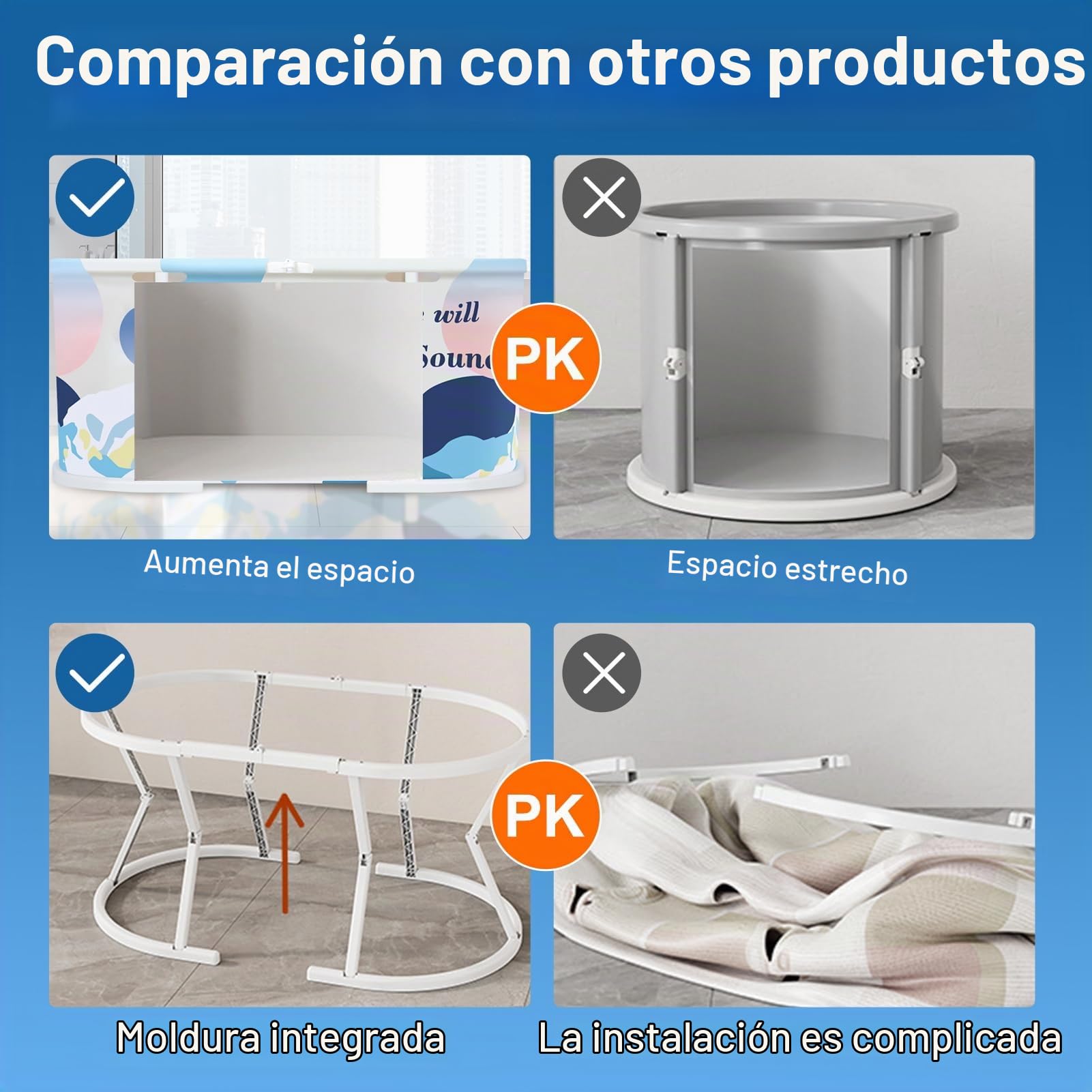 Bañera plegable para adultos de 120 cm, bañera independiente con marco de plástico y doble desagüe, para baño en casa, baño pequeño, ducha, interior exterior (azul claro)
