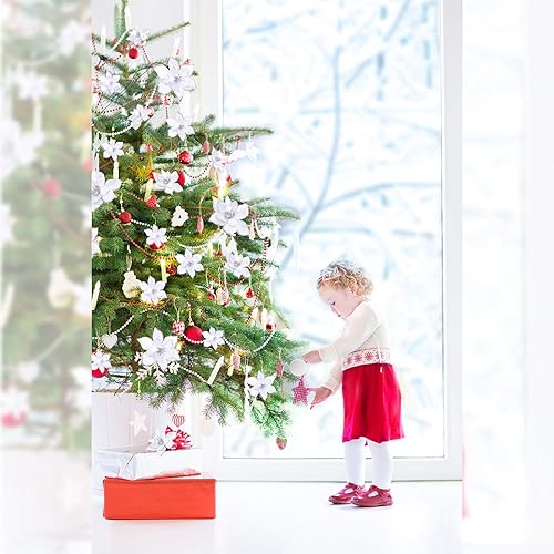 Miniatura 96 de 36 piezas de 3 tamaños de flores artificiales de Navidad con purpurina de Navidad para decoración de árbol de Navidad, Año Nuevo, decoración