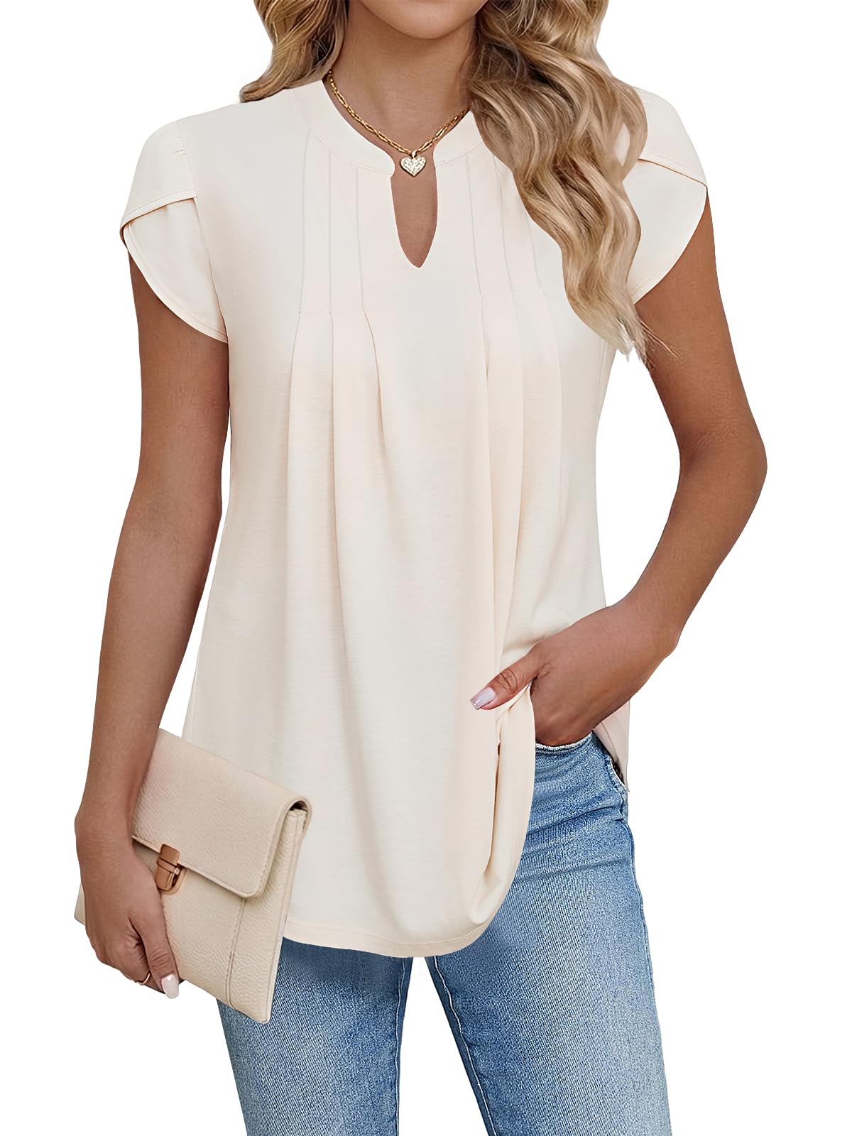 Cuptacc Tunika Damen Sommer Kurzarm Tops für Damen V-Ausschnitt Plissierte Casual Longshirt Top Aprikose, Mittel M 38-40