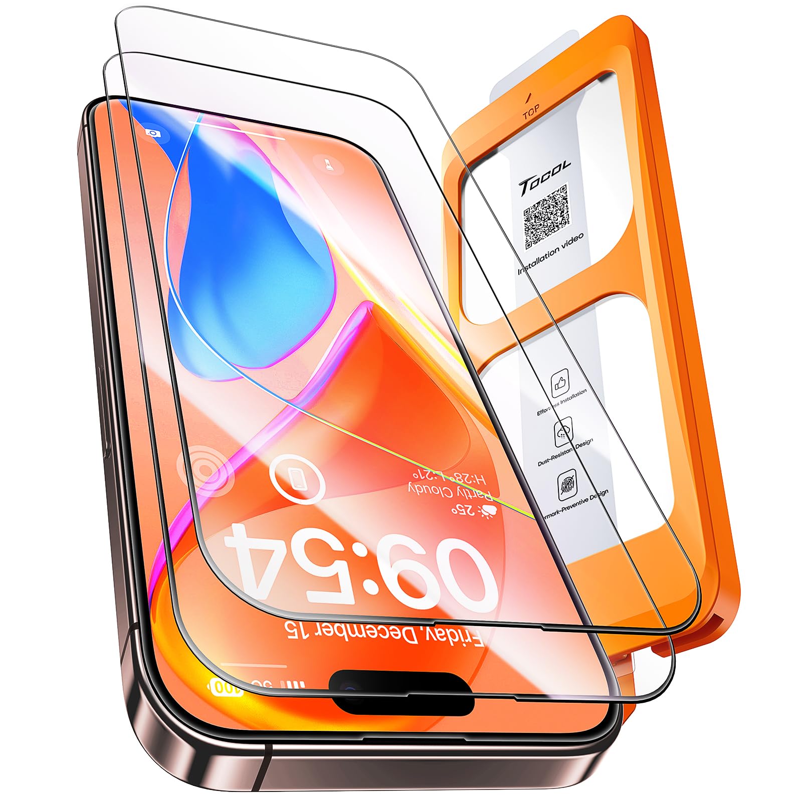 TOCOL For iPhone 15 Pro for Tempered Glass, Full Screen Car Installation Protective Glass, 9H Hardness, Shockproof, Scratch-Resistant, Anti-Fingerprint, Anti-Oil, Anti-Bubble, Pack of 2