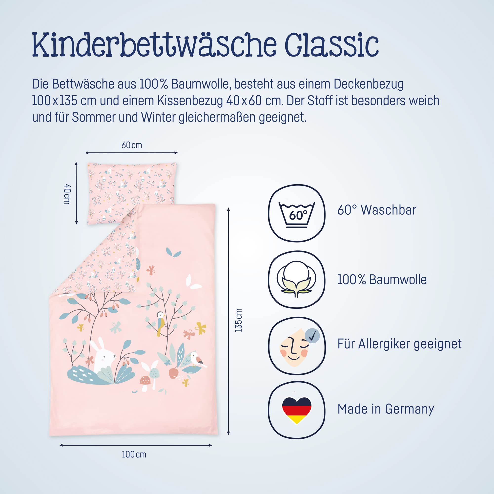 Julius Zöllner Biancheria da letto per bambini, 100% cotone, standard 100 by OEKO-TEX, made in Germany, dimensioni: 100 x 135 + 40 x 60 cm, colore: Rosalie