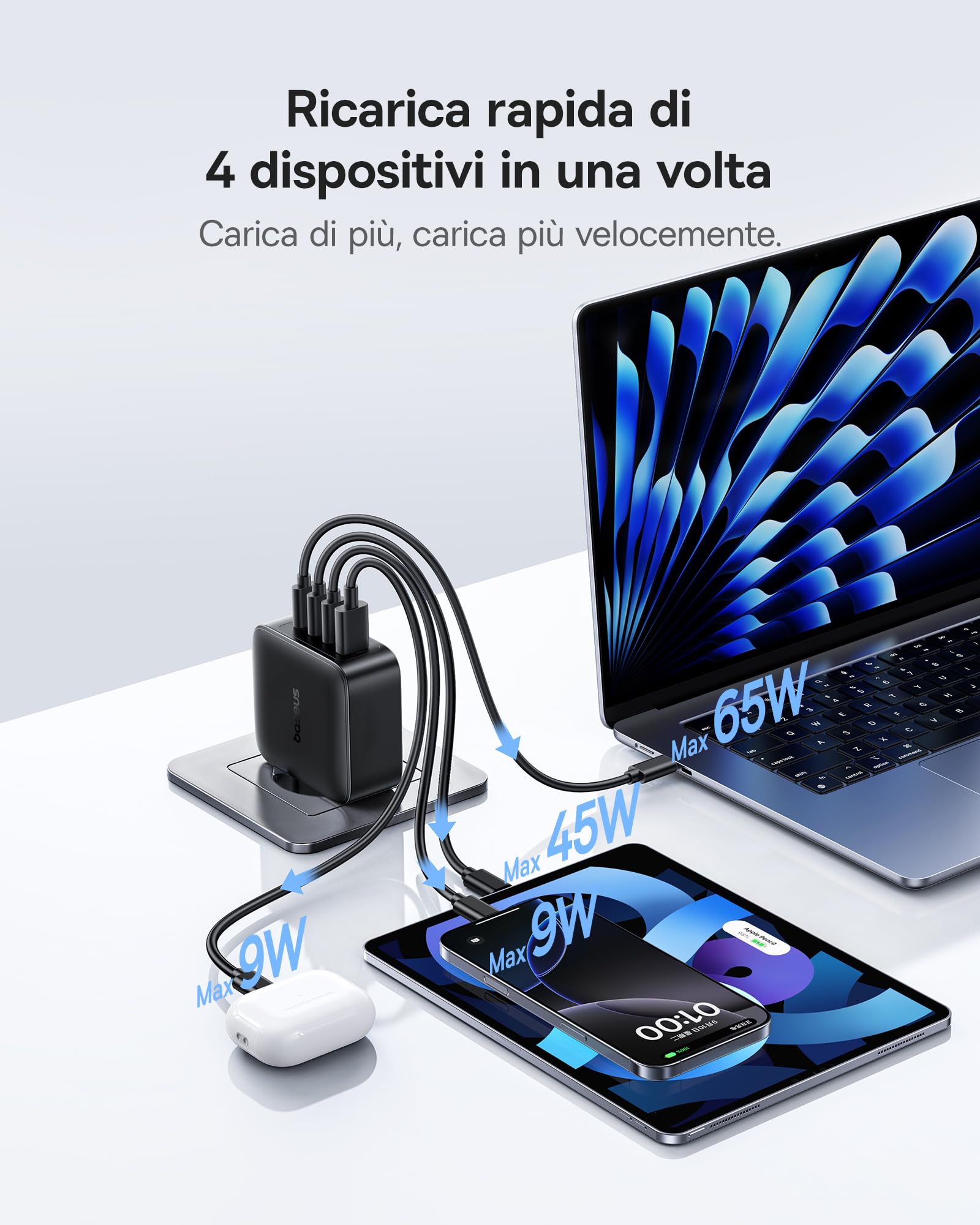 Baseus Enerfill Caricatore USB C 140 W, 4 Porte USB C, Caricatore PD con PPS, GaN, Caricatore Rapido Compatibile con MacBook Pro/Air, iPad, Laptop, iPhone 17/16/15/14/13/12 Pro Max, Galaxy S25, Pixel