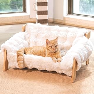CheerPals Raised Cat Bed Made of Beech Wood, 70 x 47 cm, Large Cat Sofa, Cat Chair with Removable Washable Plush Blanket (Cotton Filling), Maximum Load 15 kg, for Sleeping for All Cats product image