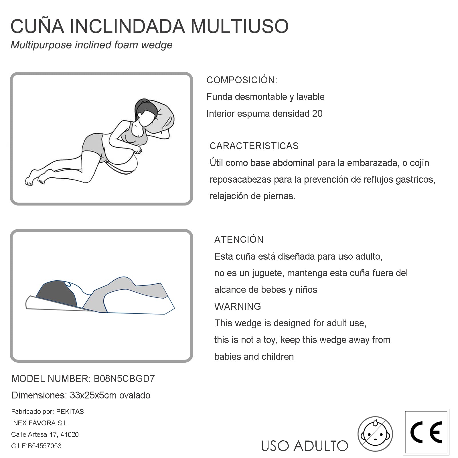 Pekitas - Cuscino antireflusso, cuscino addominale inclinato, cuneo, 33 x 25 cm, per gravidanza, colore bianco