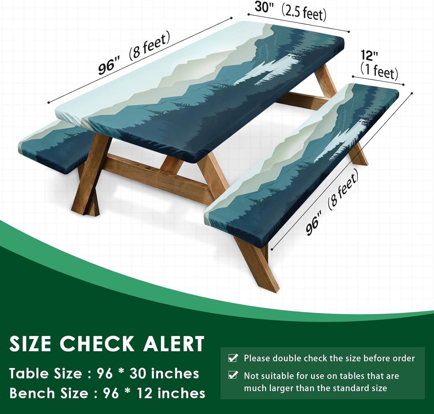 Picnic Table Cover with Bench Covers Elastic Edges, MountainTable Cover Outdoor Patio Camping Essentials 96 Inch 3PCS, Waterproof Windproof Tablecloth for Camping, Patio Party, Wedding, RV & Outdoor