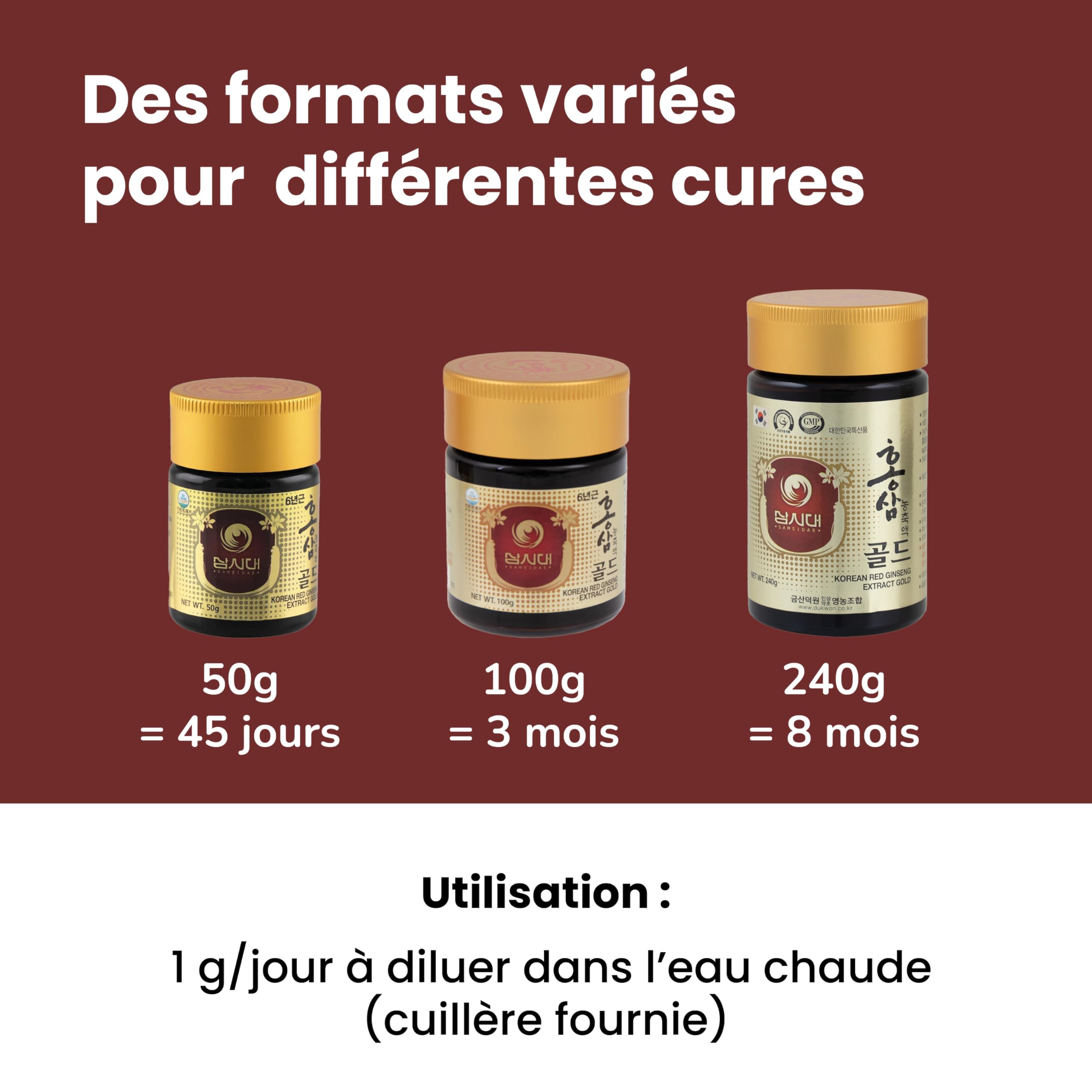SAMSIDAE - Extrait Gold de Ginseng Rouge Coréen, Concentration Maximale en Ginsénosides 13 mg/g, Racines de 6 ans, Qualité Supérieure, Cure de 45 Jours, 50g