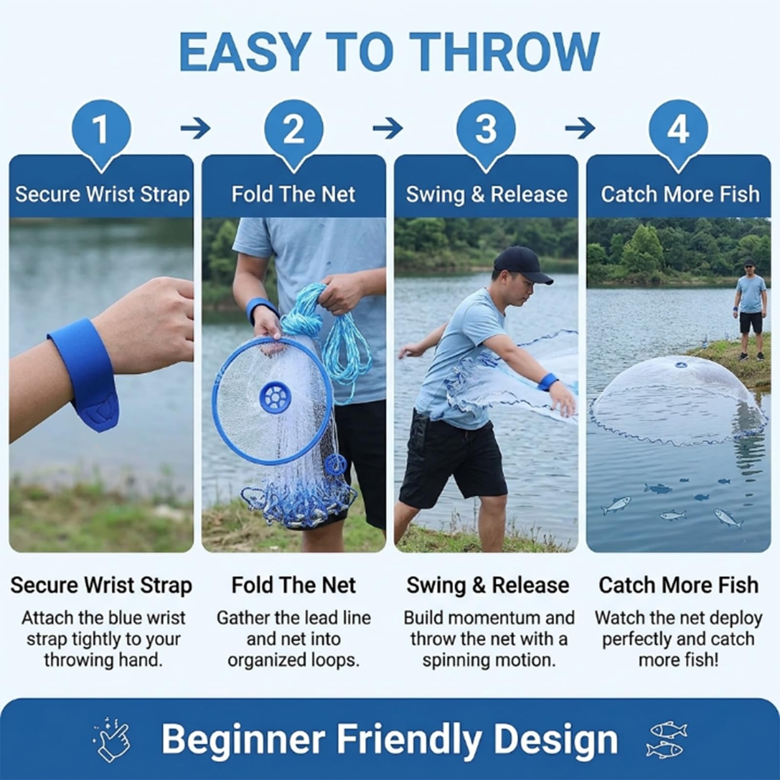 Red de Pesca de Mano, Trampa de Red de Pesca portátil para Exteriores, Fabricada en Nylon monofilamento Moldeado a Mano con Trampa para señuelos para línea de Mano (2,4 m)