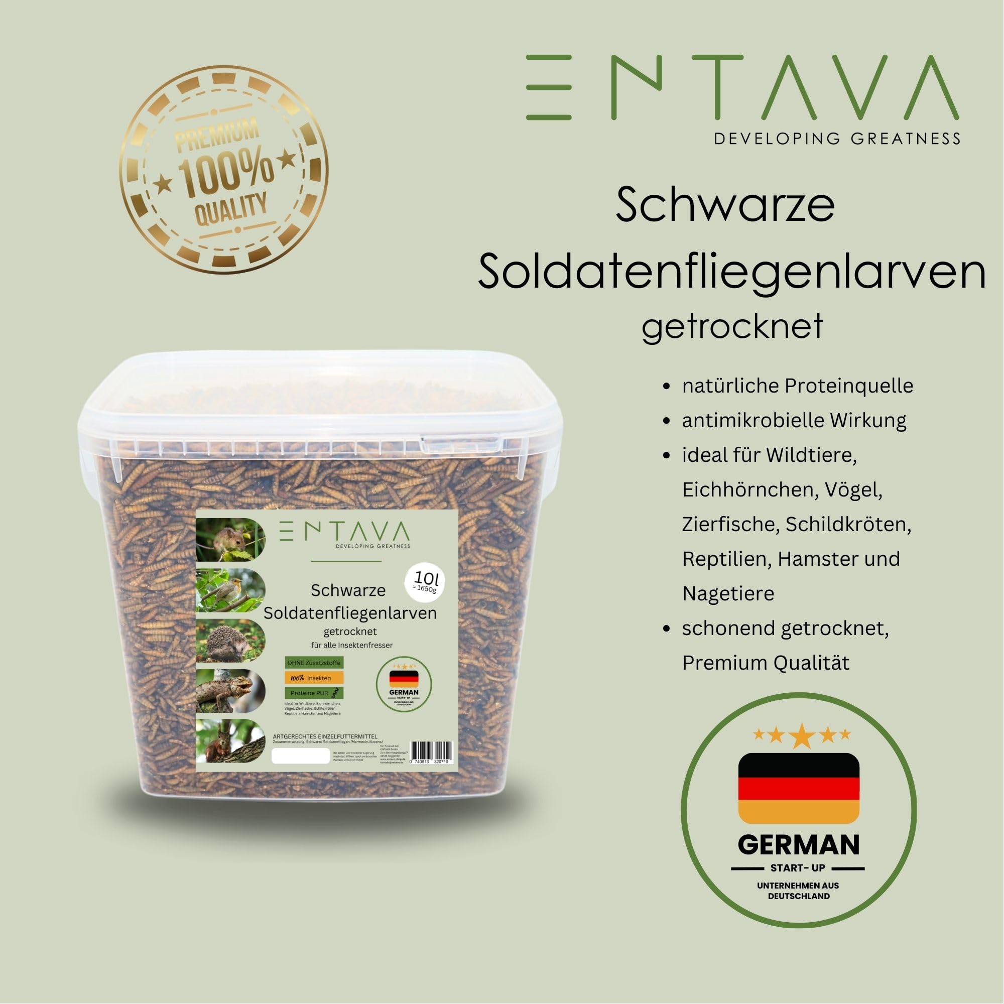 Soldatenfliegenlarven getrocknet 10l (1400g) - Getrocknete Insekten in Premium-Qualität, Soldatenfliegen für Vögel, Amselfutter, Koifutter, Igelfutter, Eichhörnchenfutter, Futter für Wildvögel