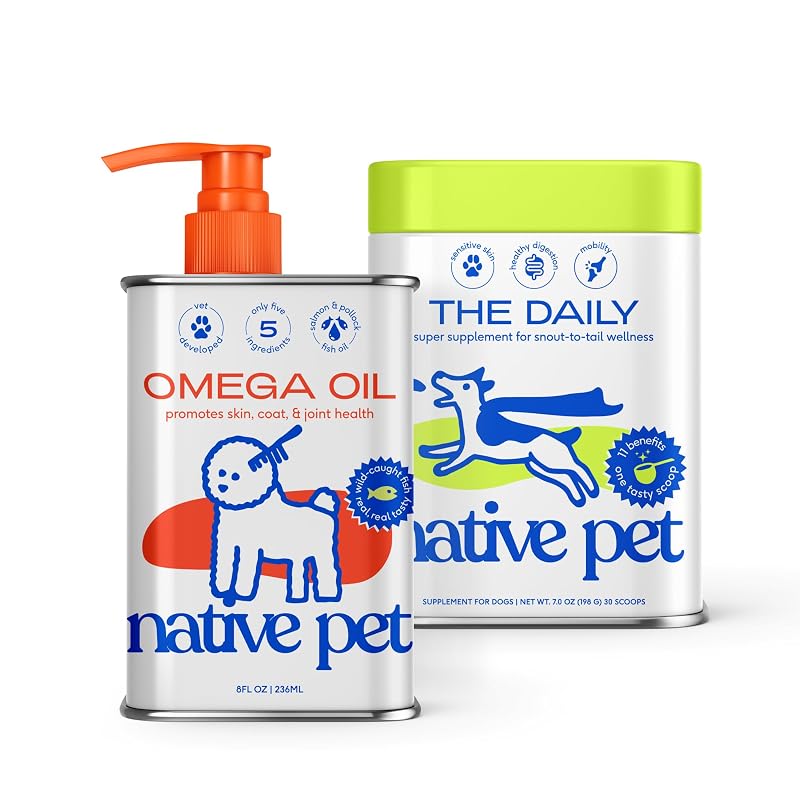 Suplemento para cães Native Pet com multivitamínico em pó e óleo de peixe Omega 3, pacote com 2