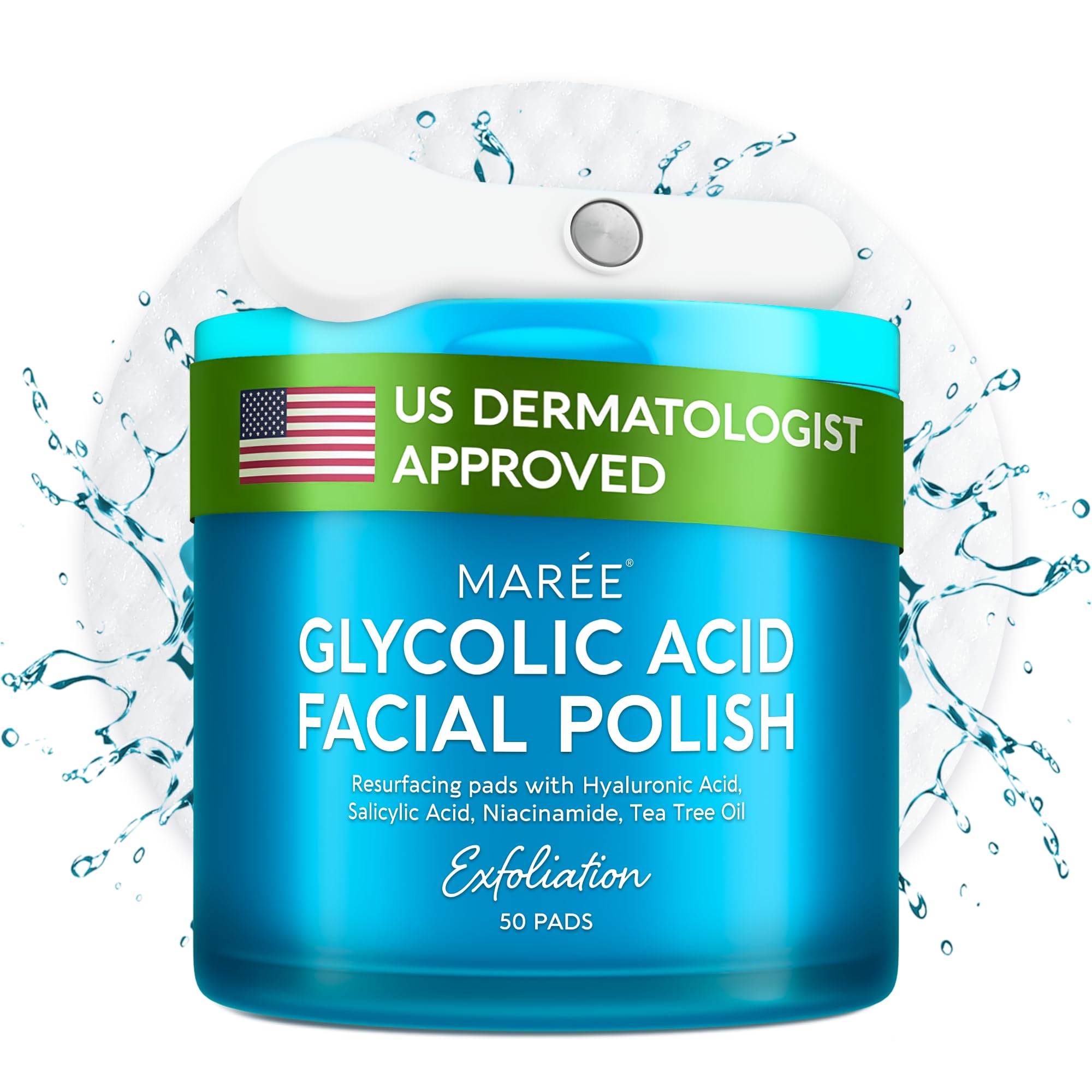 - MAREE Glycolic Acid Pads - Toner Pads for Face Cleansing - Exfoliating Pad with Tea Tree Oil, Salicylic Acid & Vitamins E, B3, B5 - Acne Clearing, Skin Pore Resurfacing & Radiance Device - 50 Count
