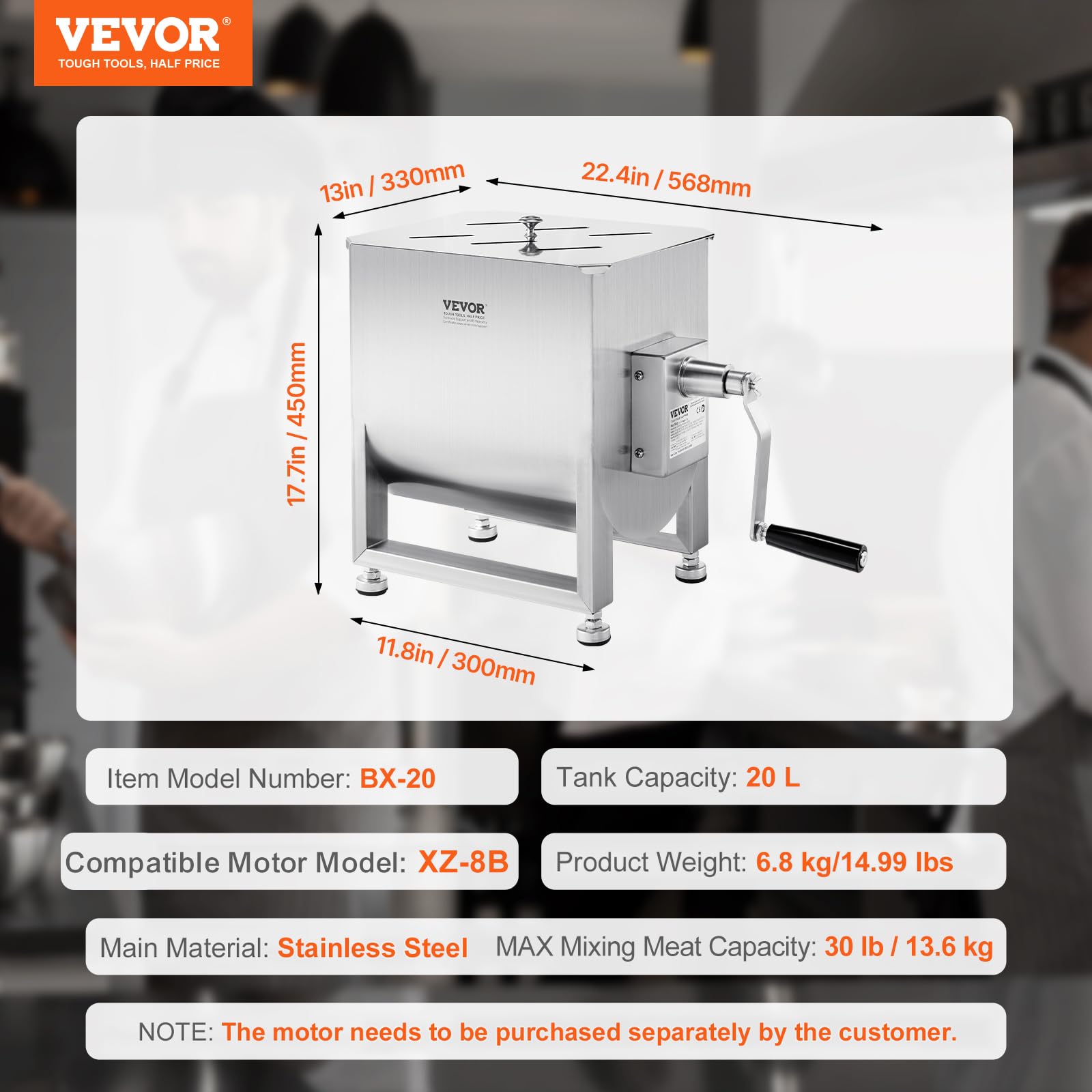 VEVOR Impastatrice Manuale per Carne, Miscelazione Massima Carne 13,6 kg, Frullatore con Riduttore in Acciaio Inox, Mpastatrice Manuale per Salsicce Carne Tritata 568 x 330 x 450 mm