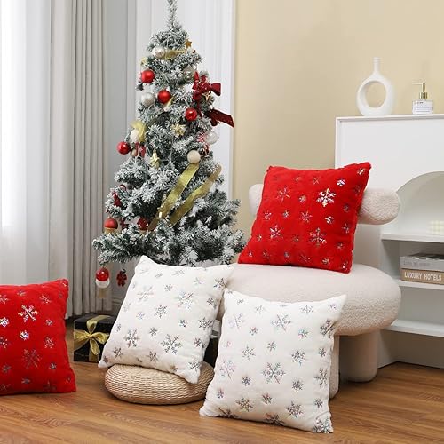 Miniatura 7 de Fundas de almohada decorativas de felpa de Navidad de 18 x 18 pulgadas con lentejuelas de copo de nieve, color blanco, fundas de almohada suaves de