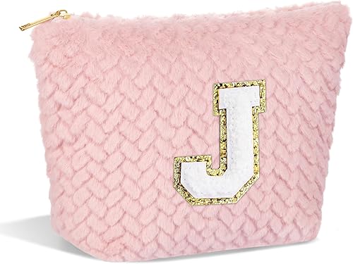 Bolsa de maquillaje rosa personalizada con inicial, bolsa de aseo grande, monograma, regalos para mujeres y cumpleaños, Blanco, 40