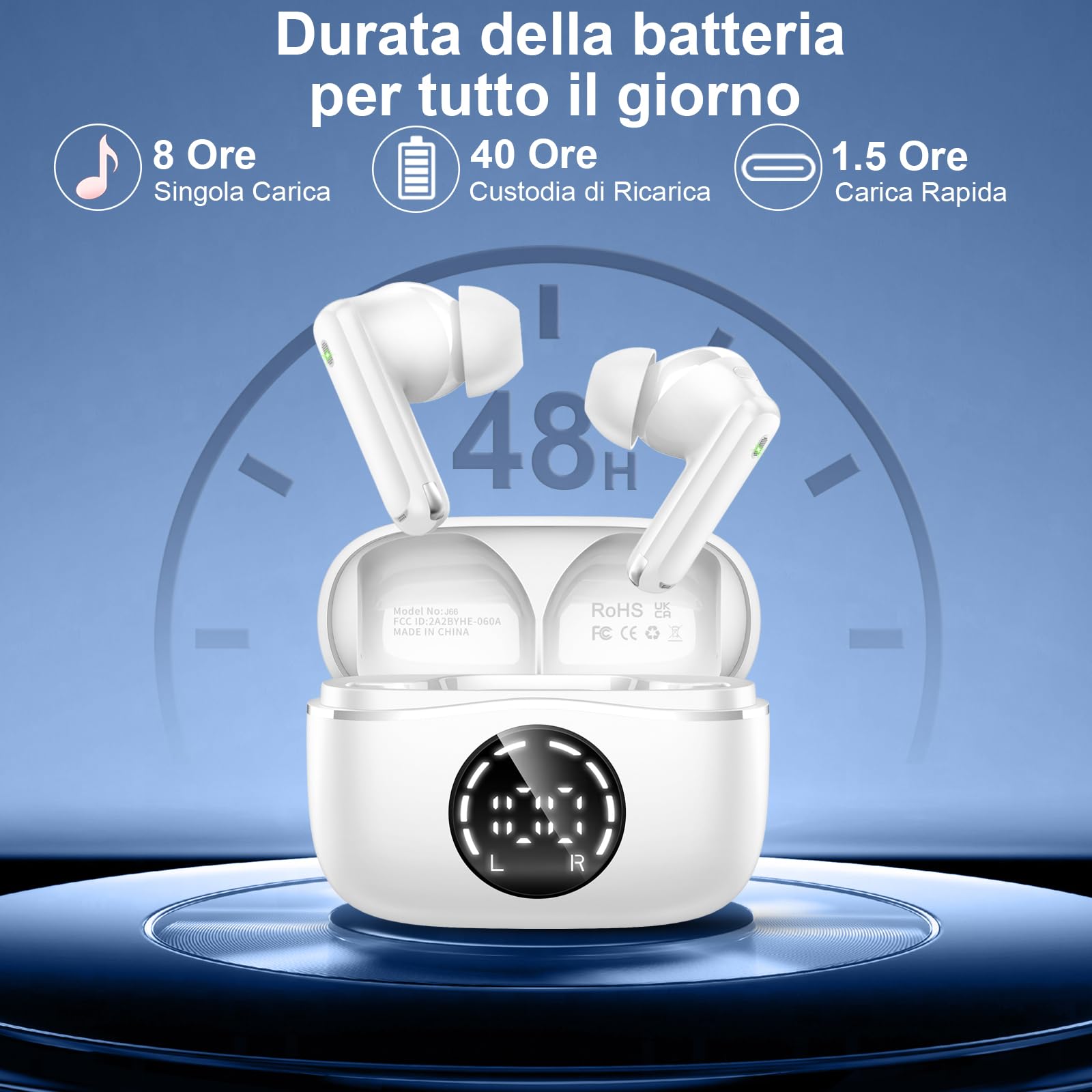 Cuffie Bluetooth, Auricolari Bluetooth 5.4 Stereo HiFi, 48 Ore Cuffie Wireless in Ear con 4 Microfono Cancellazione Rumore, cuffiette bluetooth IP7 Impermeabile,cuffie Senza Fili per iPhone Android