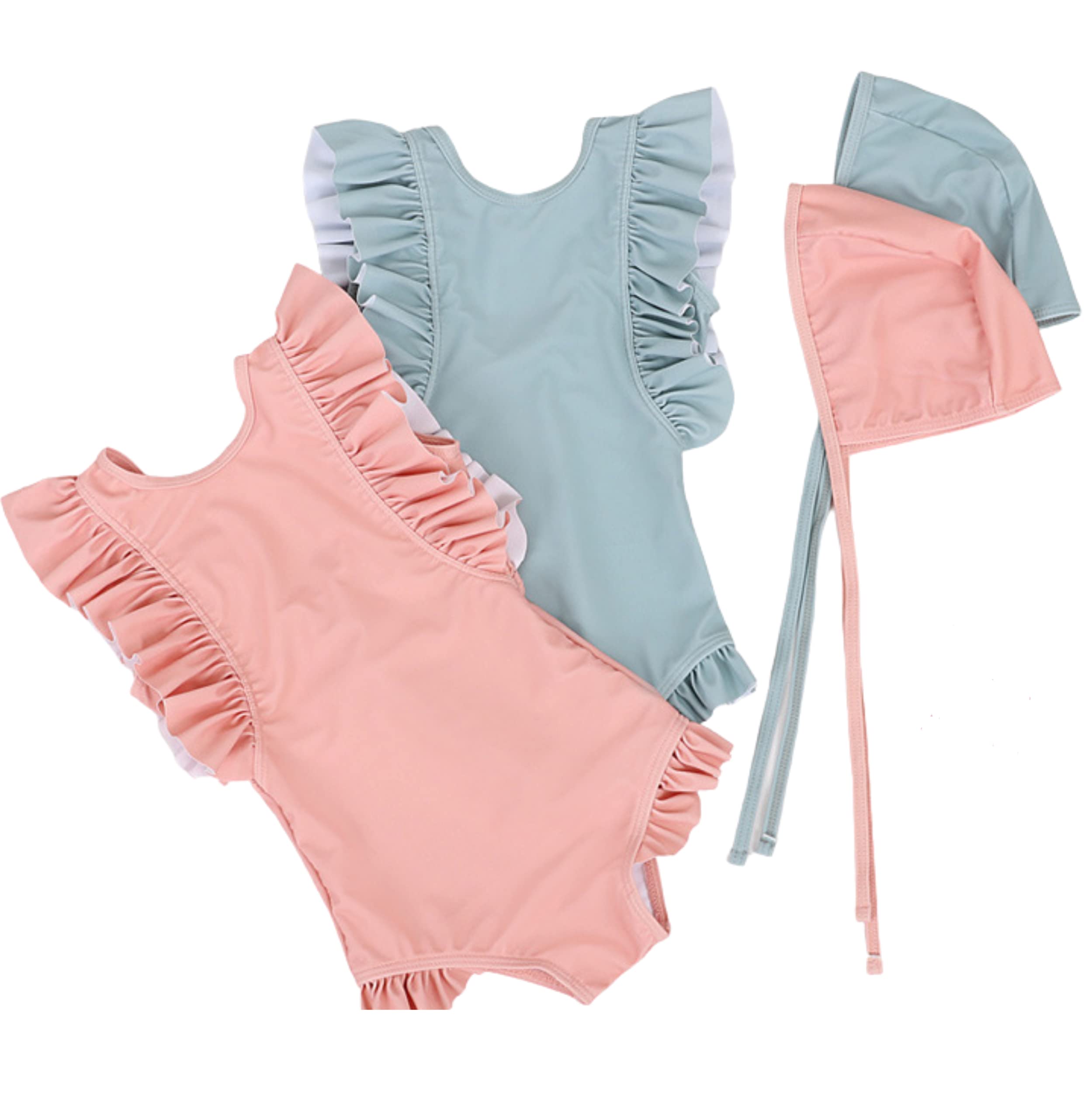 Girls Swimsuit. Baby Girl Swimwear With Frill Detail & Matching Hat. Pretty Pink or Blue Swimming Costume For Girls. UV Protection. Stunning One-Piece For Toddlers. Plain Design. Gorgeous Ruffles.