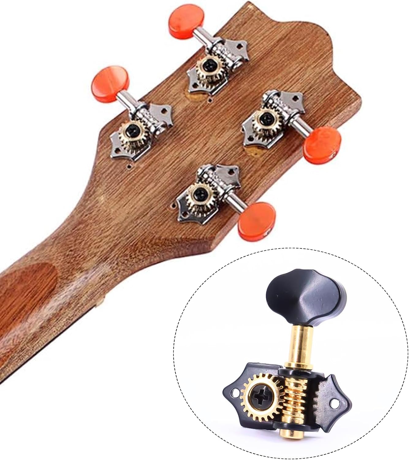 2R2L Black-Plated Tuning Peg Machine Head Tuners For 4 String Ukulele Guitar Bass, Gear Ratio 1:19, Bass Tuning Key Pegs Machine Head Replacement