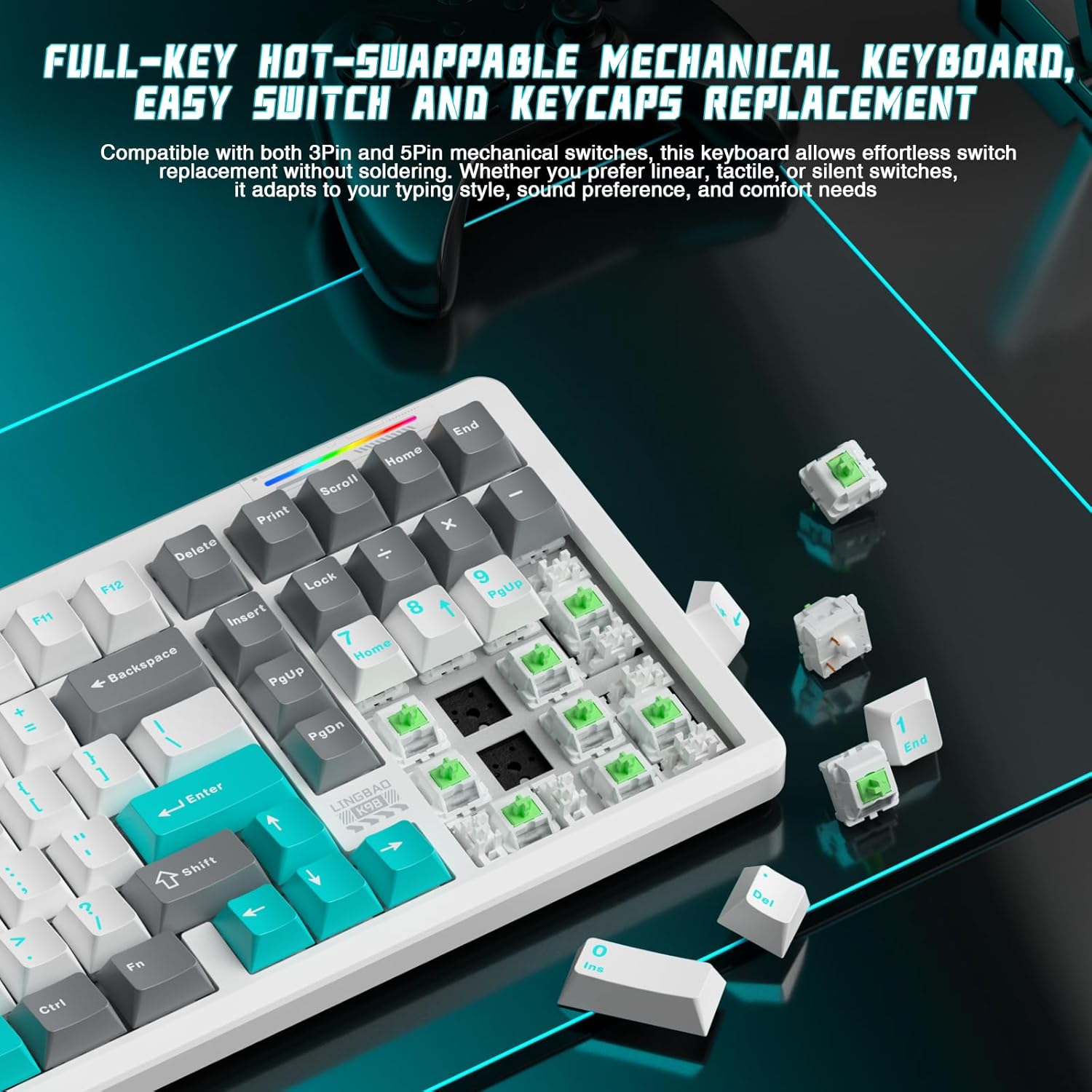 CORBOBO K98 Keyboard with switches and keycaps removed, showing hot-swappable sockets