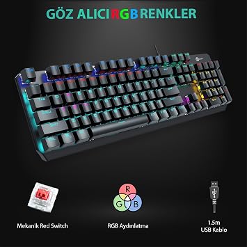 Lecoo GK301 USB Wired Red Switch Mechanical Gaming Keyboard - Macro Key Assignment, RGB LED Illumination, QWERTY Turkish Key Array, Gaming Turkish Q Keyboard Metallic Grey