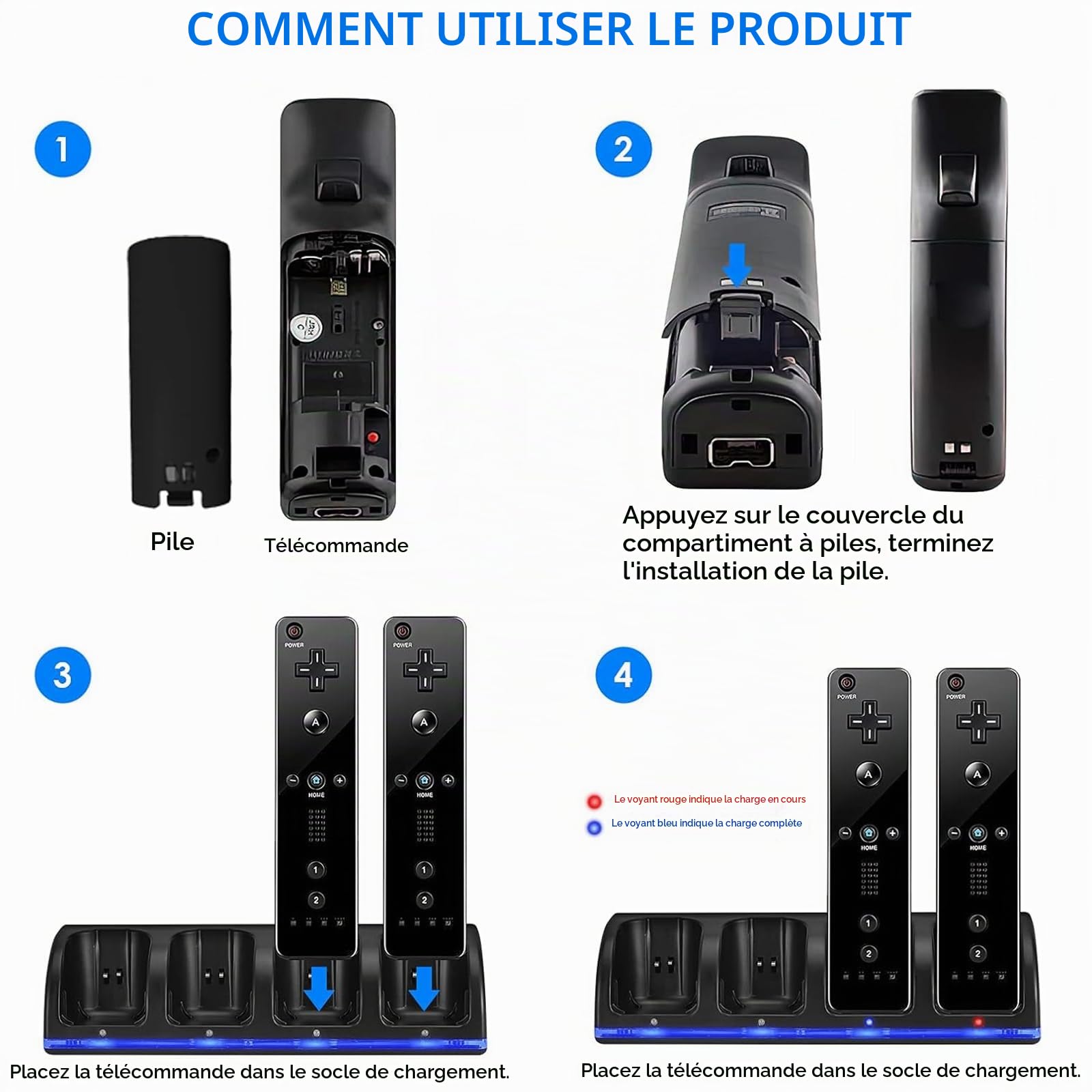 Chargeur pour Manette de Wii avec 4 Batteries 2800mAh Rechargeables Et Indicateurs LED,Chargeur de Wiimote pour Support de Charger de Station de Charge pour Télécommande Wii,Noir