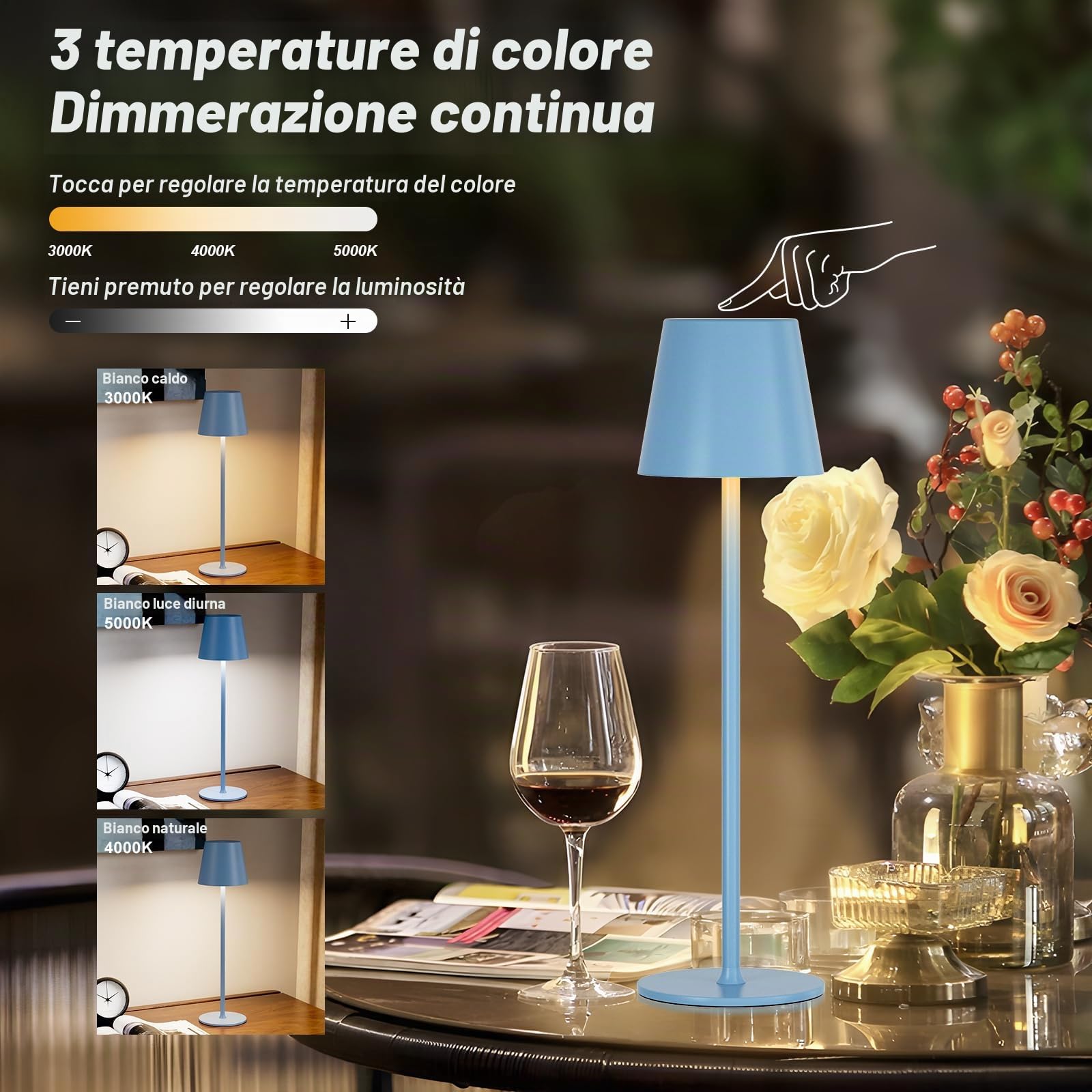 2 Pezzi Lampada da Tavolo Senza Fili, Touch Dimmerabile, 3 Modalità di Colore, Lampada da Comodino LED Ricaricabile per Camera da Letto, Soggiorno, Campeggio all'aperto Esterno(Blu)
