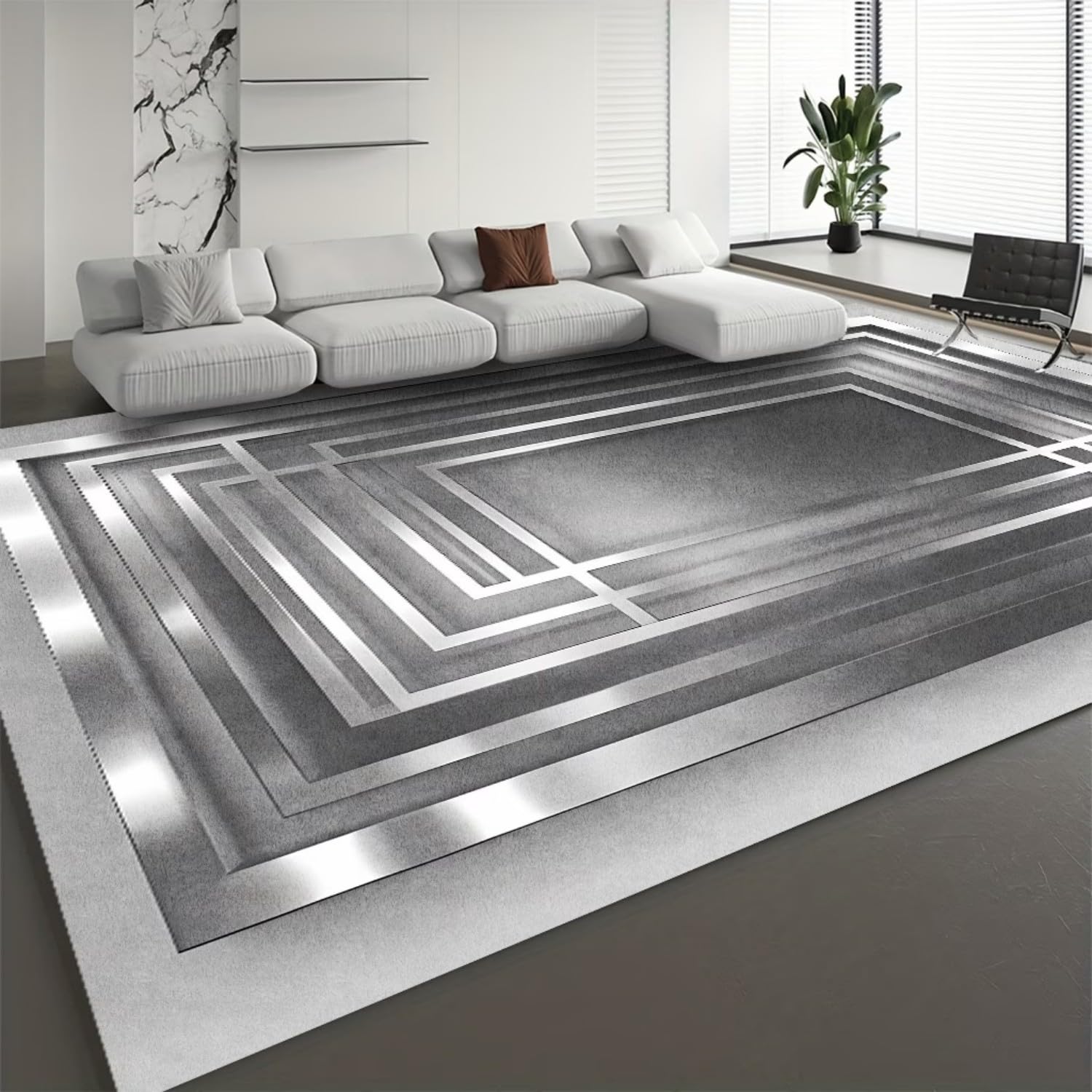 Grey Marble Area Rug, 180x300cm Modern Geometric Border Floor Carpet for Living Room, Luxury 3D Silver Metallic Effect Rug Washable Non-Slip Soft, Low-Pile Floor Mat for Lounge Bedroom Entrance