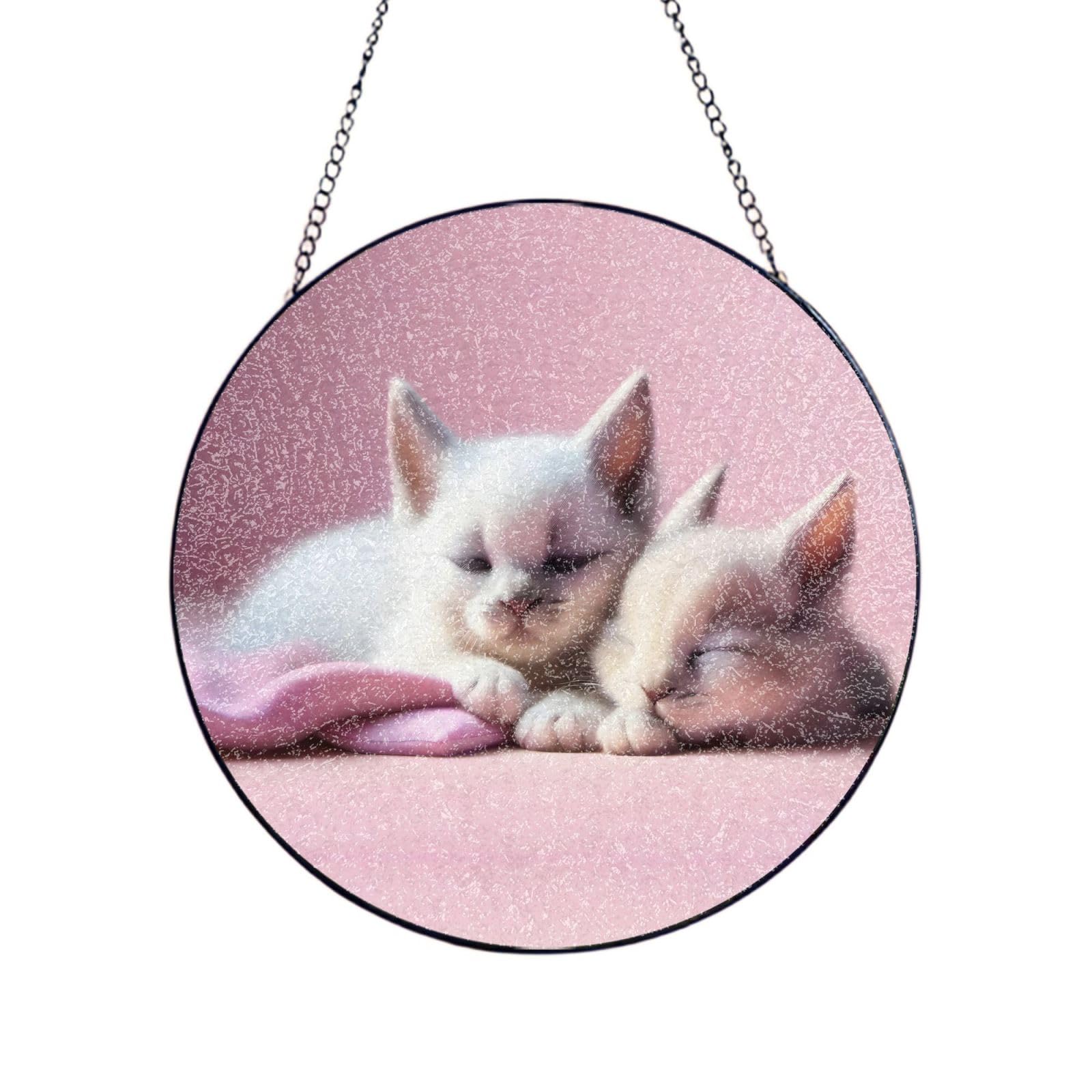 Poezjzw Stained Glass Window Hanging - Two Sleeping Kittens Sun Catcher For Door Garden Home Decor Christmas Mother'S Day Birthday Gifts 10in（25cm）